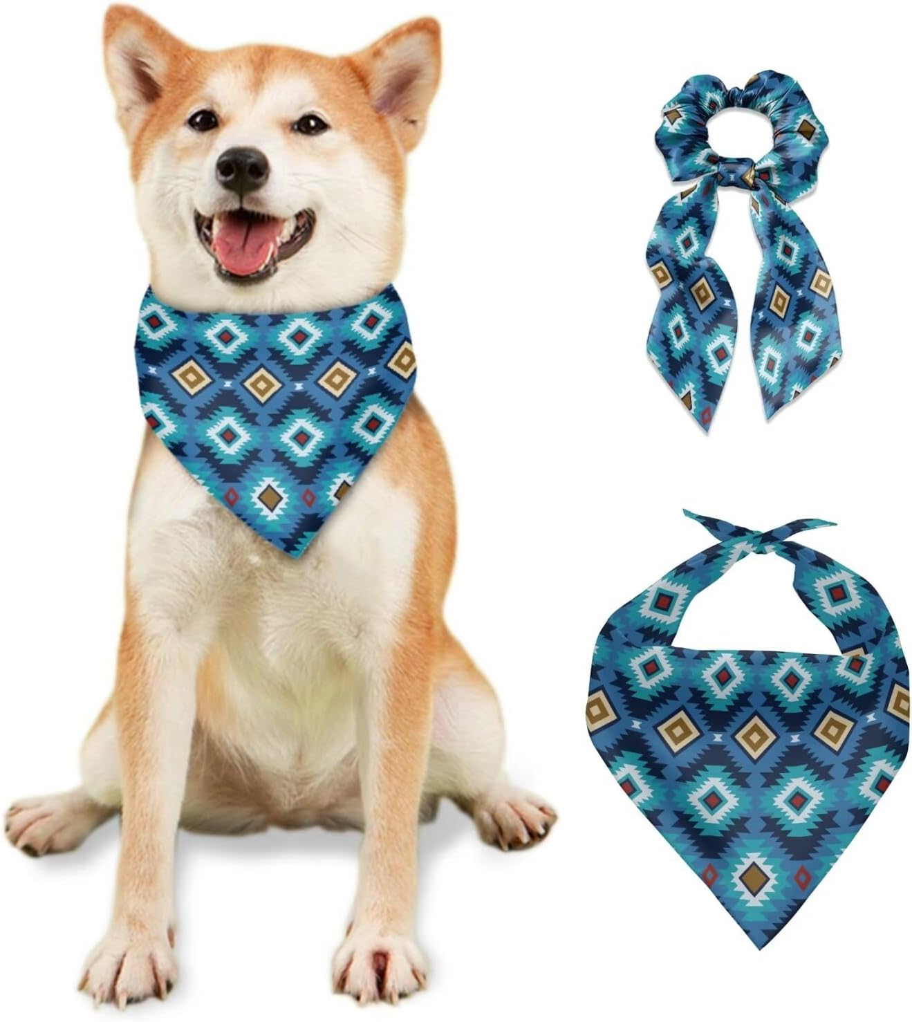 Blue Tribal Dog Bandanas & Matching Scrunchie Set Dog Collar Bandana and Hair Scarf Scrunchies for Owner Dog Accessories Girl Personalized Dog Gifts Hair Scarf Scrunchies