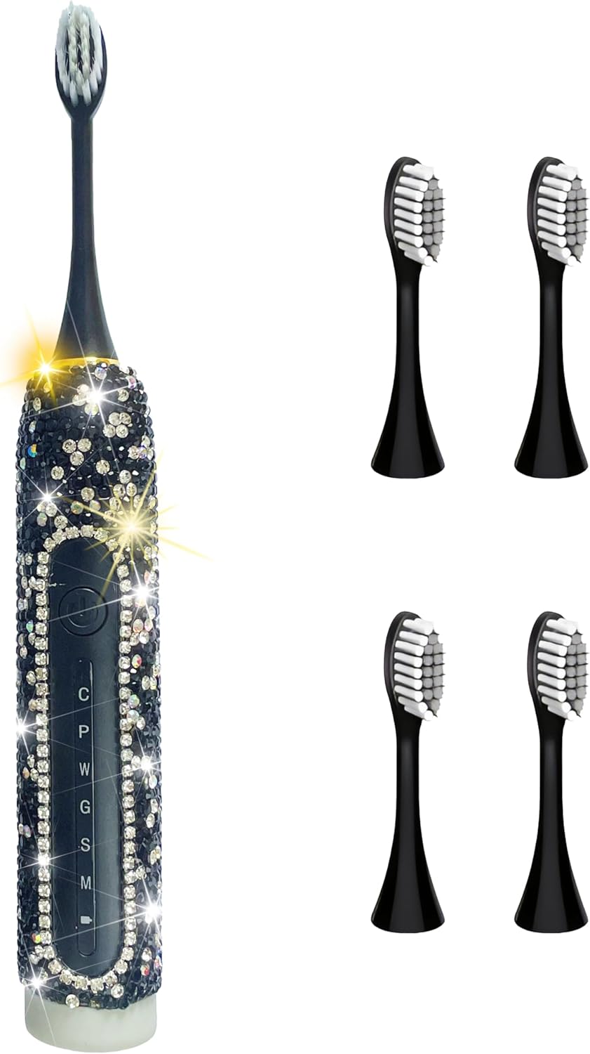 Electric Toothbrush for Woman Black Bling Diamond Decor Everyday Luxury Limited Edition Portable Travel Essentials for Women Black Toothbrush with 3 Replacement Heads 6 Modes