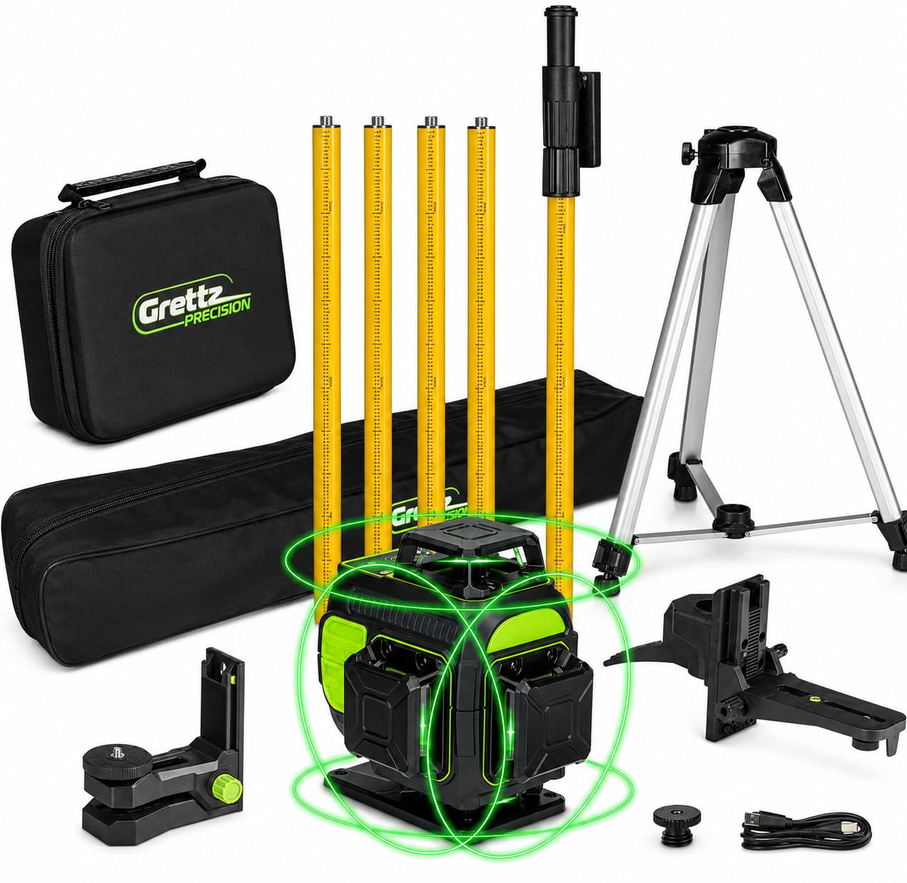 Grettz G4D 4D Laser Level Kit — 4 x 360° Green Lines, Tripod & Pole | 3-year Grettz warranty · Service 72 calibration · UK support