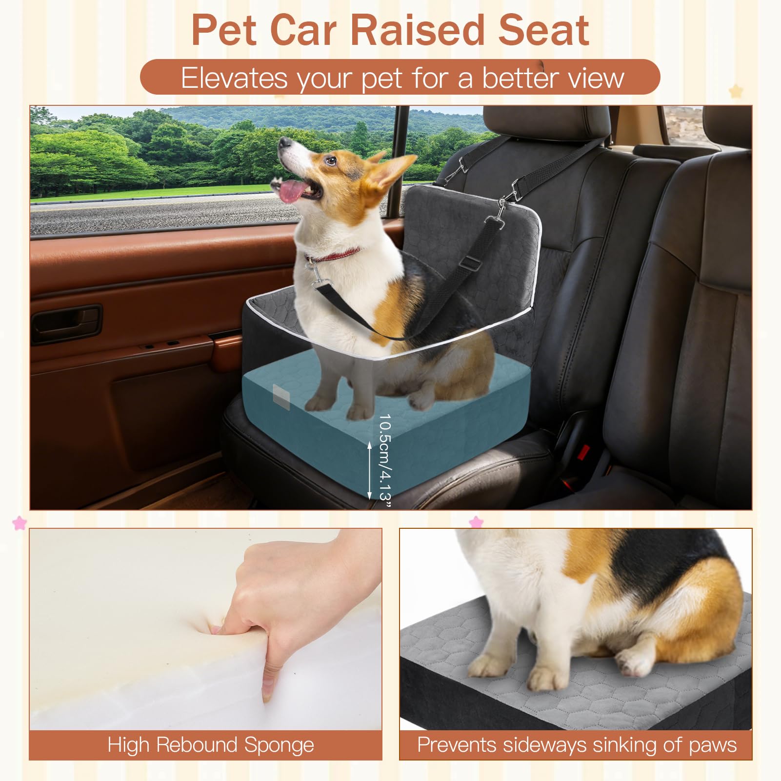 Asiento Perro Coche, Extra Estable Cama Perro Coche con Espuma Viscoelástica, Funda Lavable y Cinturón de Seguridad, Asiento Coche Perros para Medianos y Pequeños de hasta 13.6 kg, 52x52x50cm - 4