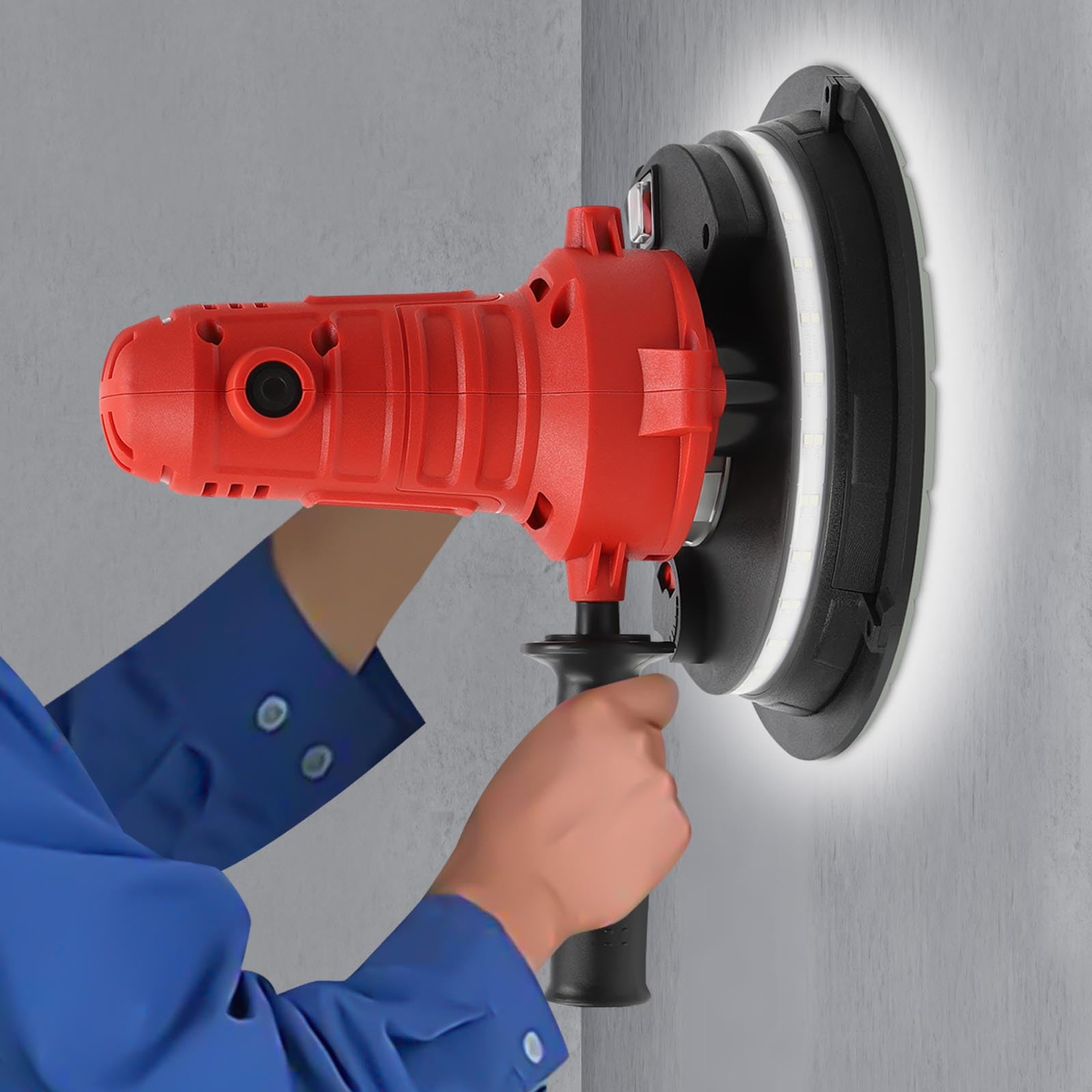 Ponceuse électrique pour cloisons sèches, 1200 W, ponceuse murale de 180 mm avec aspiration et lumière LED, 1200-2500 tr/min, avec 6 papiers abrasifs, sac collecteur de poussière et tuyau
