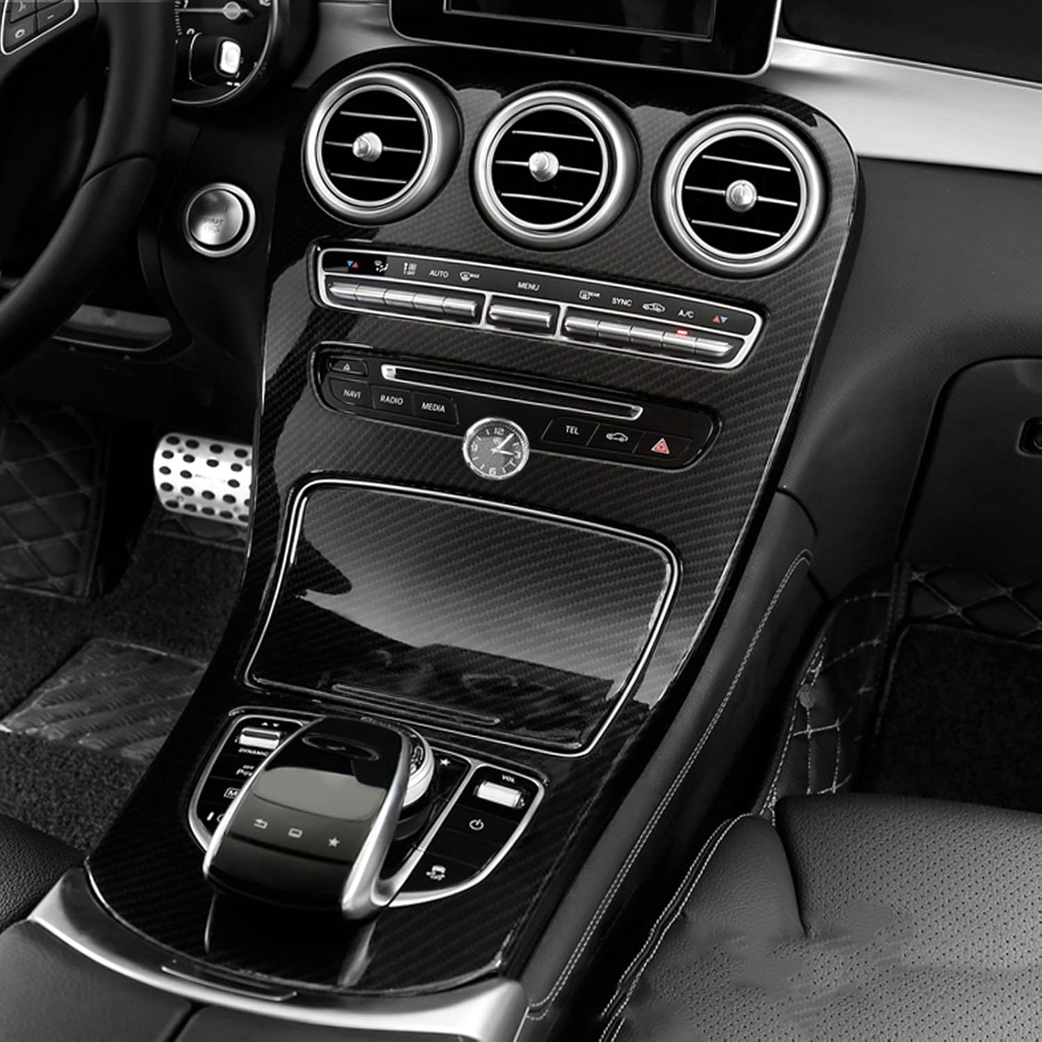 x xotic tech Center Console Gear Shift Panel Frame Cover Trim, Carbon Fiber Pattern, Compatible with Mercedes Benz C Class W205 2014-2018, GLC Class W253 2015-2018 (with Clock)