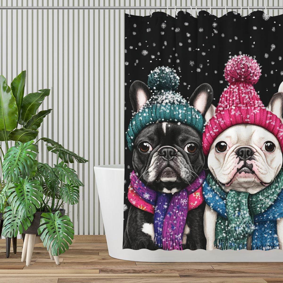 NGZ Winter 72x72 Inches Shower Curtain Christmas Shower Curtain, Cute French Bulldog Shower Curtains for Bathroom, Snow Fabric Bath Curtains Set with 12 Hooks