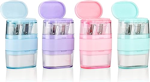 4 sacapuntas manuales con borrador, sacapuntas multicolor de doble agujero con borrador, divertidos artículos de papelería, suministros de regreso a