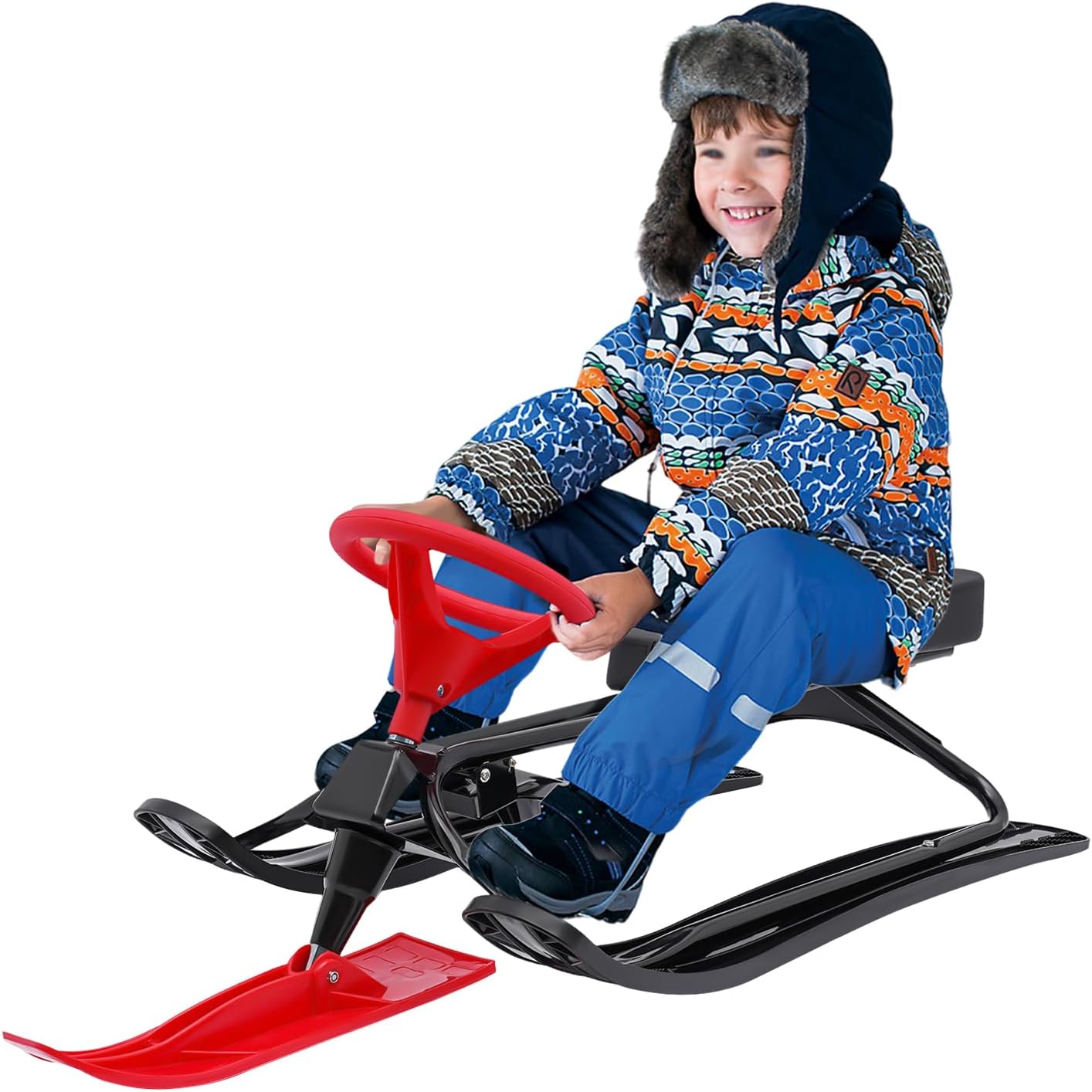 Kids Snow Bike Sled Snow Scooter,Free Standing Snow Racer Sled for Kid Ski Sled Slider Board w/Steering Wheel&Twin Brakes,Toddler Ski Skating Sled for Kids Age 3-15