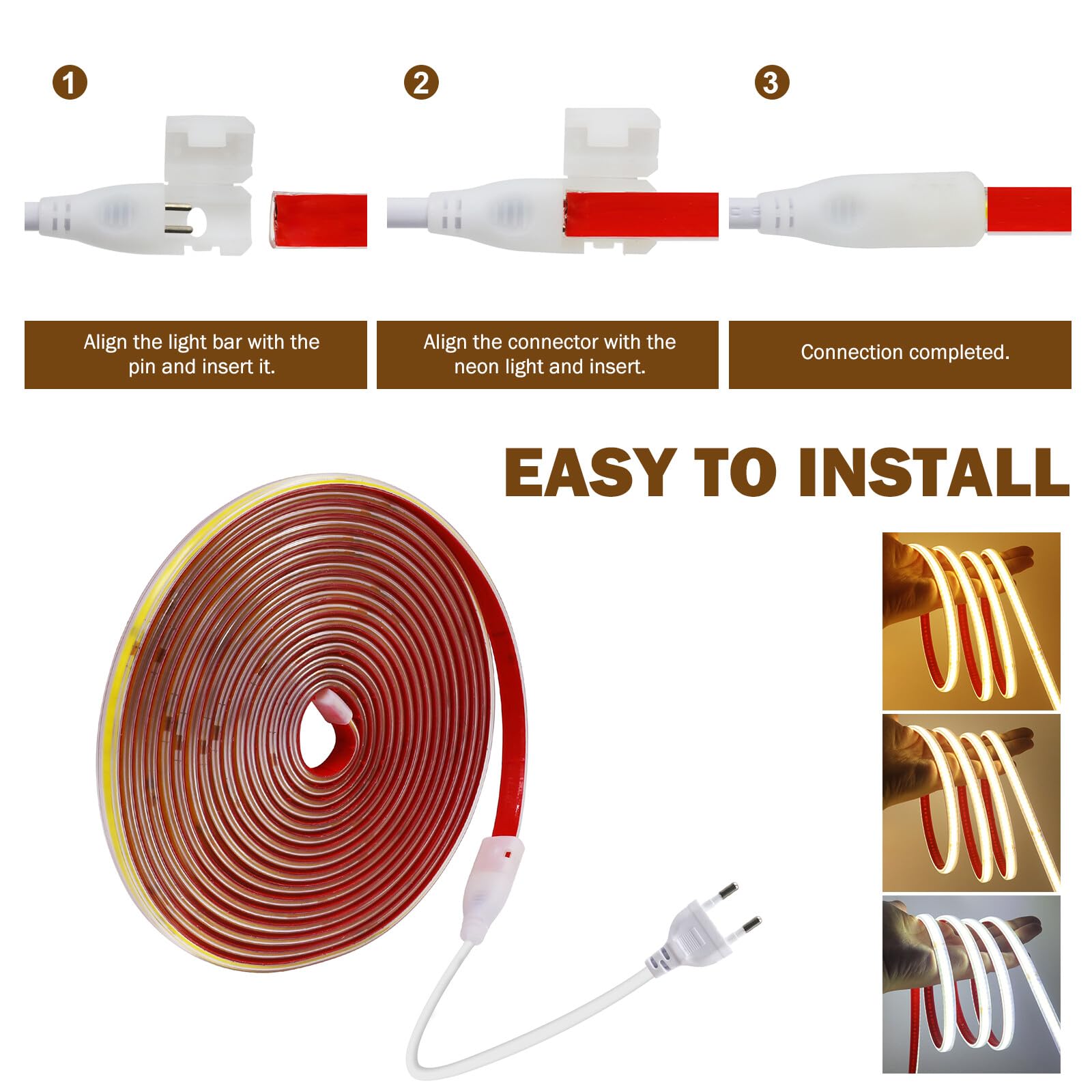 Tira LED COB 220V autoadhesiva [50M, Blanco cálido 3000-3500K], IP65 impermeable flexible, 240 LEDs/m tira LED cortable CRI85+, iluminación decorativa para hogares y tiendas