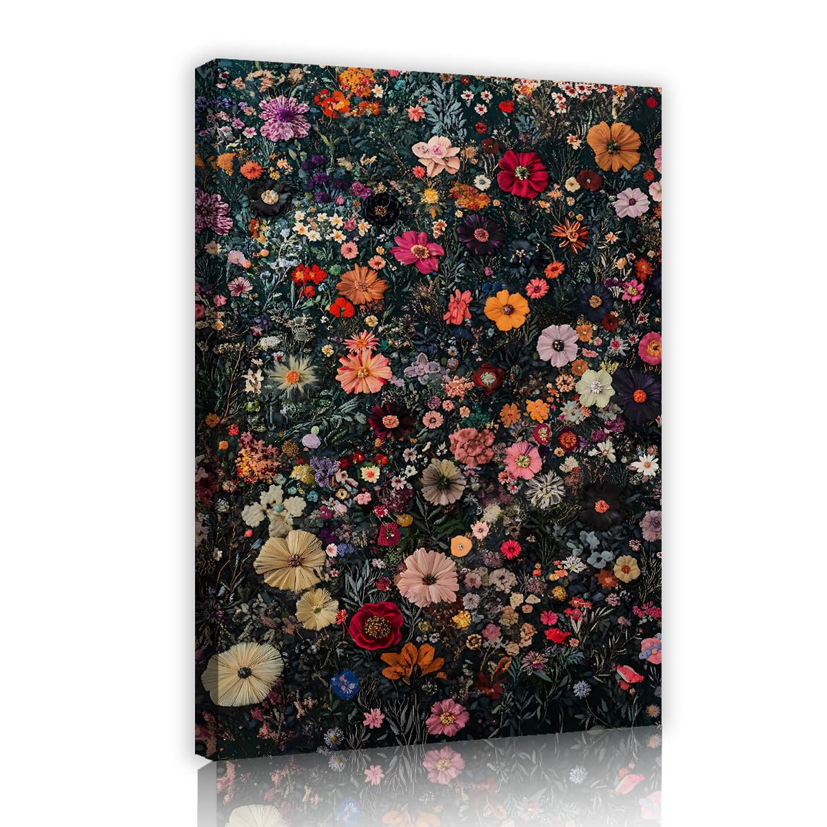 TOANGWALL Vintage Dark Botanical Framed Canvas Artwork Moody Garden Wildflower Colorful Floral Meadow Picture Gallery Wrapped Printed Poster for Living Room Bedroom Decor 75x115cm