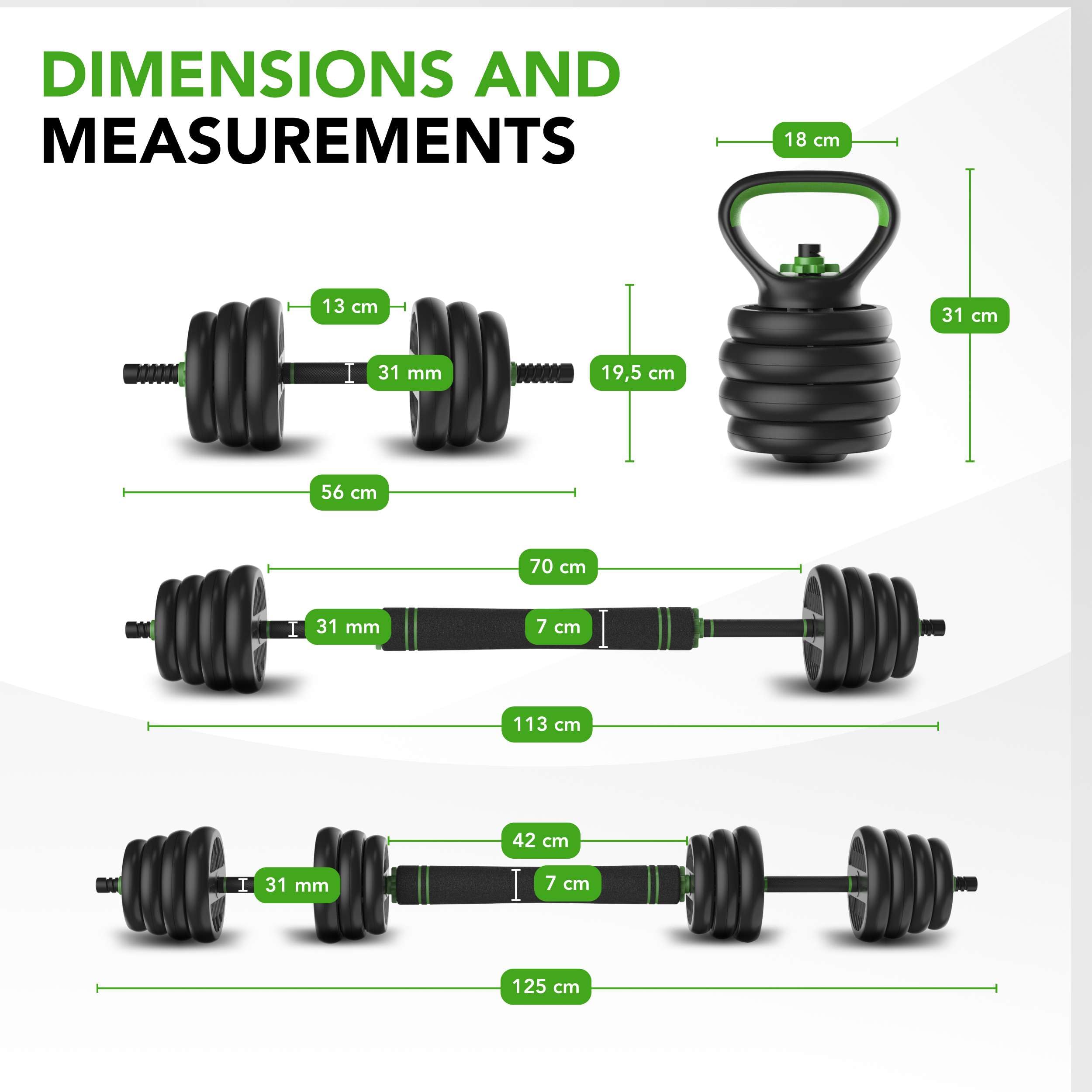 Tunturi Hantelset und Kurzhanteln Vinyl 20-28 kg – Gewichte-Set mit Kettlebell und Langhantel – Liegestützgriffe – Sternverschluss 30 mm – Rutschfester Griff
