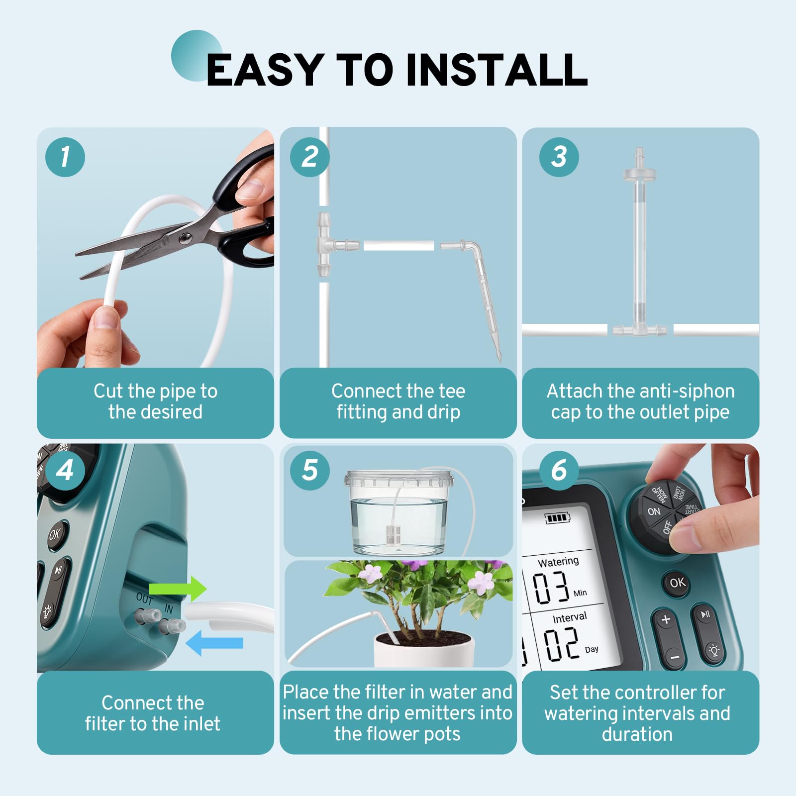 Kit di Irrigazione a Goccia Automatico con Pannello Solare 4W | Pompa 800ml/min per 15 Piante, Batteria 2000mAh, Display LCD 3.5" Programmabile, Valvola Antisifone, per balcone e giardino