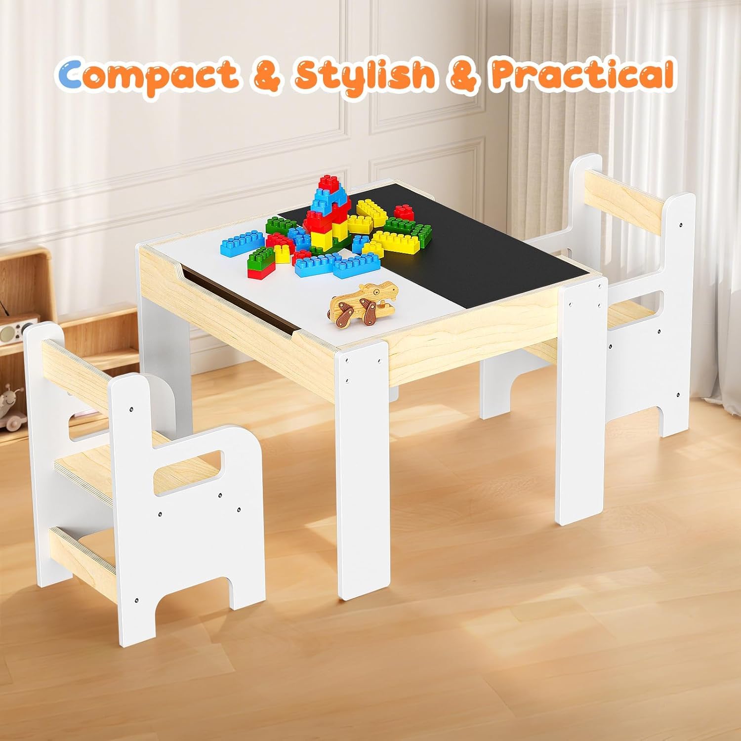 Conjunto de mesa y silla para niños, mesa y silla para leer comer jugar y jugar y jugar fácil de montar con bandeja reversible y extraíble y espacio de almacenamiento para niños de 1 a 3 años