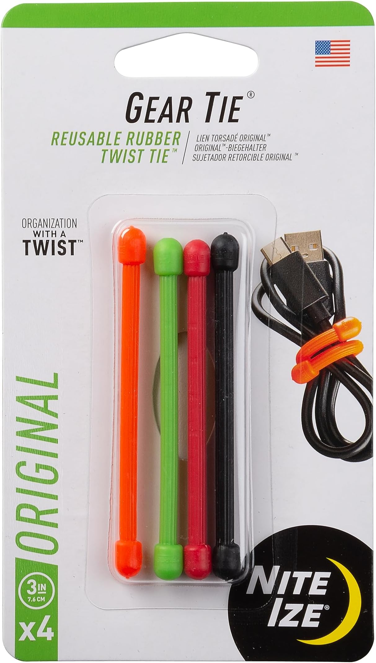 Nite Ize Original Gear Tie, Reusable Rubber Twist Tie, 3-Inch, Assorted Colors, 4 Pack