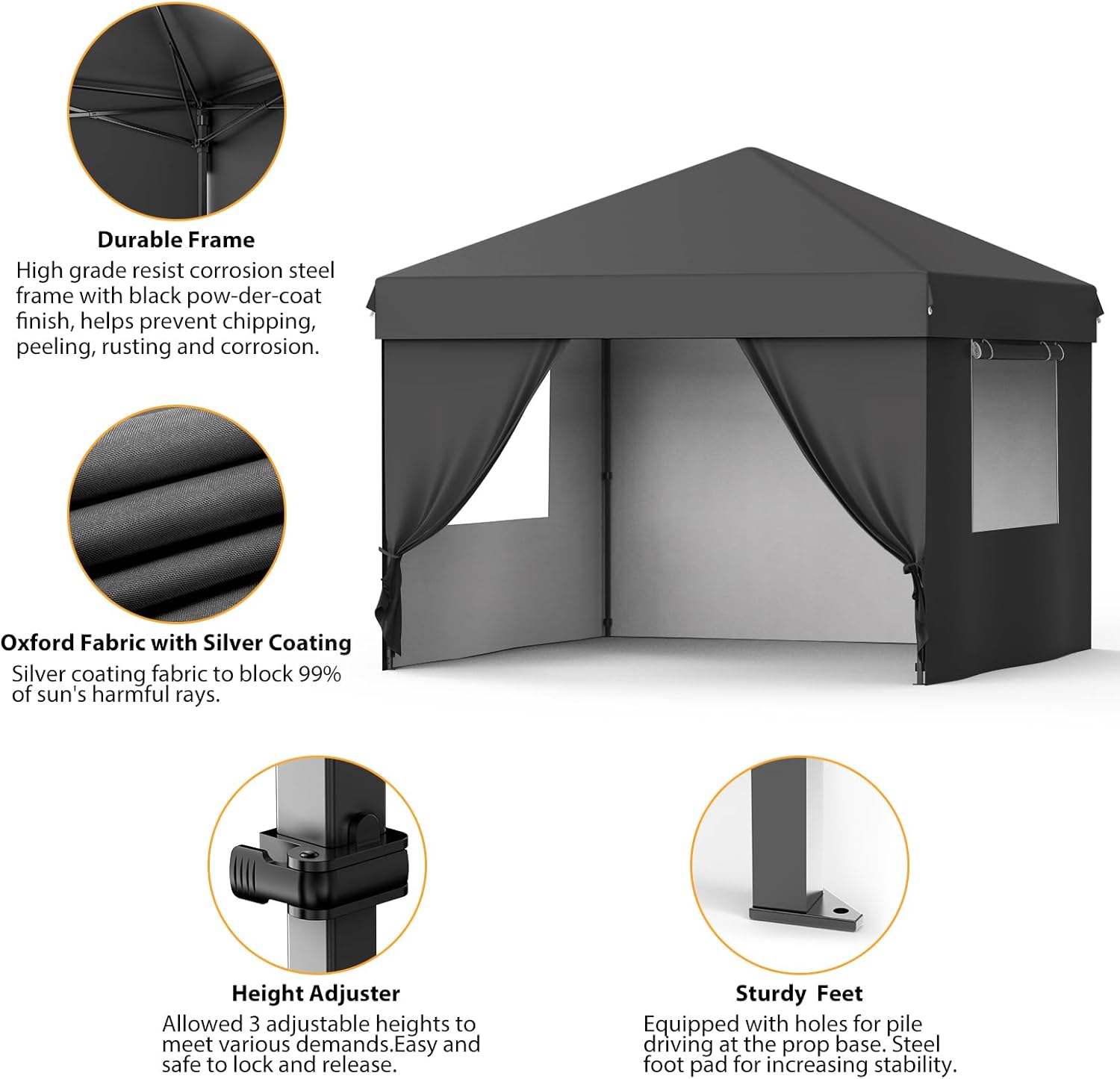 10x10 Pop Up Canopy Tent with 4 Sidewalls, Easy Up Camping Tent with One Button Push Setup, 3 Adjustable Height Outdoor Party Tents with 4 Weight Bags for Outdoor Events, Camping, Black
