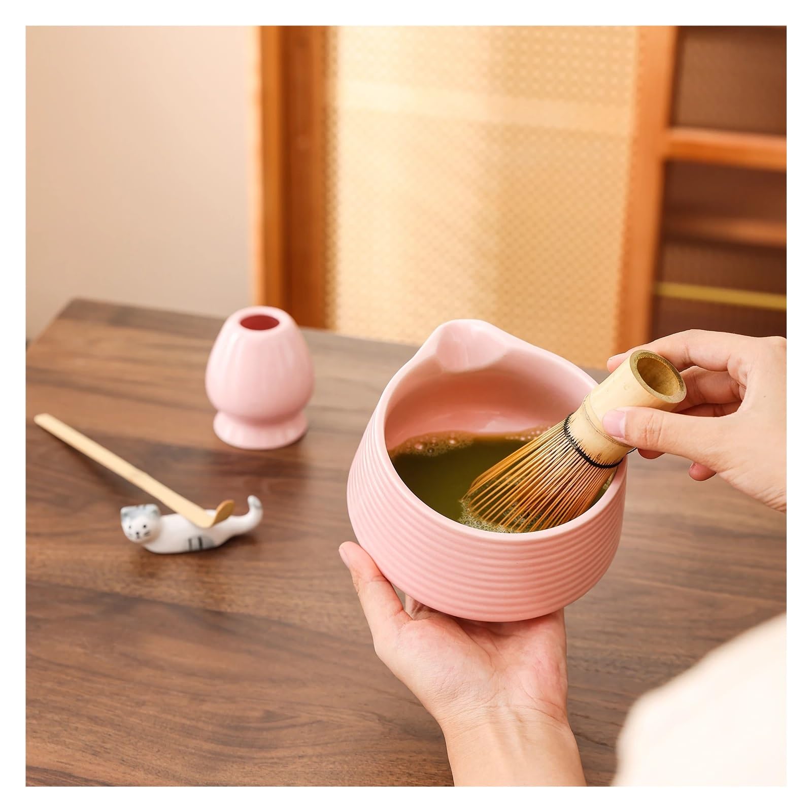 Juego completo de 6 herramientas Matcha que incluyen cuenco, batidor bambú, tamiz polvo, acero inoxidable, bonito adorno gato(Blue)
