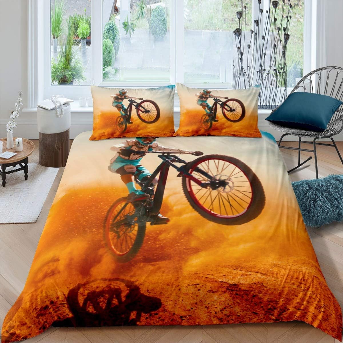 Feelyou Boys Bicycle Rider Bedding Set for Kids Son Men Mountain Bike Pattern Comforter Cover Extreme Sport Theme Duvet Cover Room Decor Cool Style Bedspread Cover Full Size Bedding Collecti