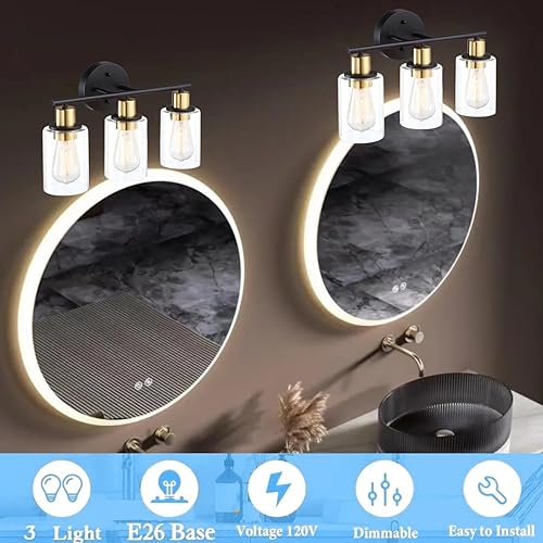 Miniatura 5 de Lámpara de tocador de 3 luces negra y dorada sobre el espejo, lámparas de pared de baño con pantalla de vidrio transparente que incluye base mediana