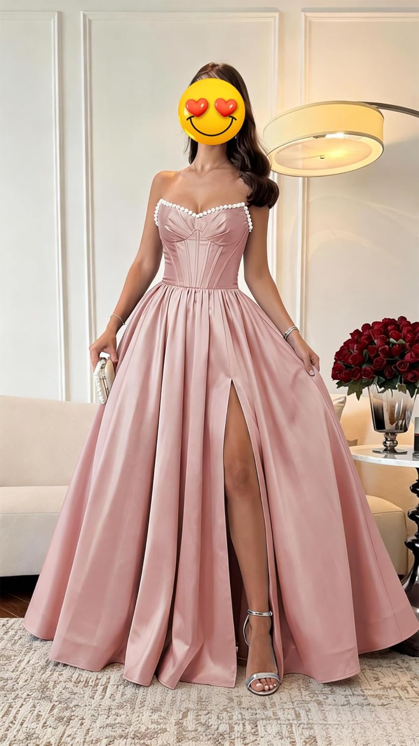 Red Ruched Corset Ball Gowns with Pockets Long Strapless Satin Slit Prom Dresses for Teens 2026 A Line Pearl Sweet 16 Dress 24 Plus Size