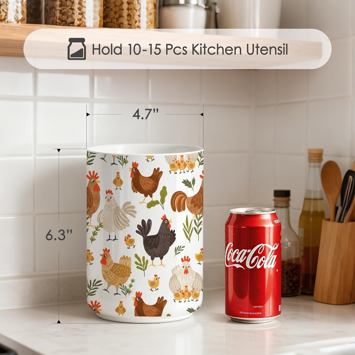 Charming Rooster Ceramic Utensil Holder for Kitchen Counter - Vintage Farmhouse Decor, Rustic Chicken Kitchen Utensil Holder, Rooster decor,Ceramic Vase 6.3"+4.7"(Chicken and Flowers