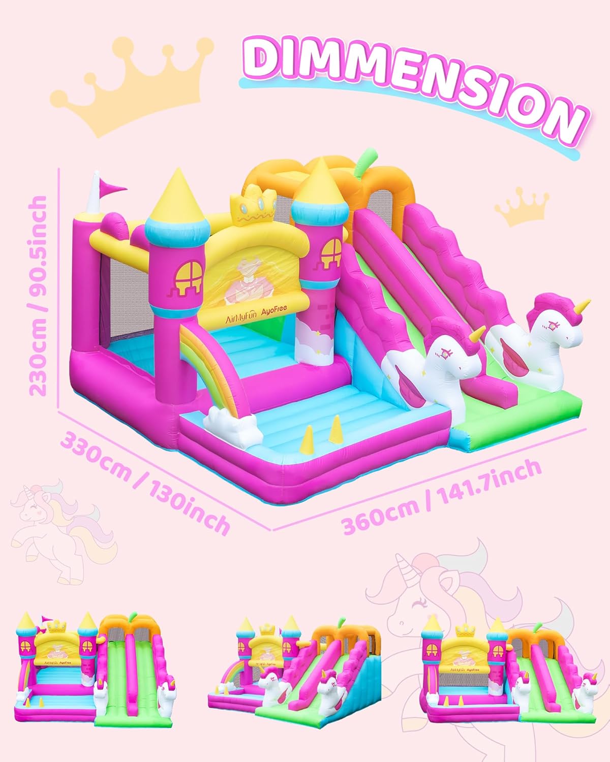 AirMyFun Inflatable Bounce House, Double Slide Bounce House, Pink Indoor Jumping Castle for Kids 3-8, 6 in 1 Princess Bounce House with 450 Blower
