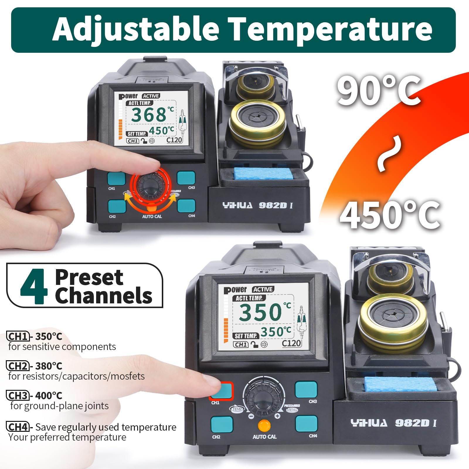 YIHUA 982D-I Station de soudage à pinces chaudes de précision avec 4 pointes de soudure, fil de soudure sans plomb, poignée compatible YIHUA716C calibration automatique de la température, mode veille