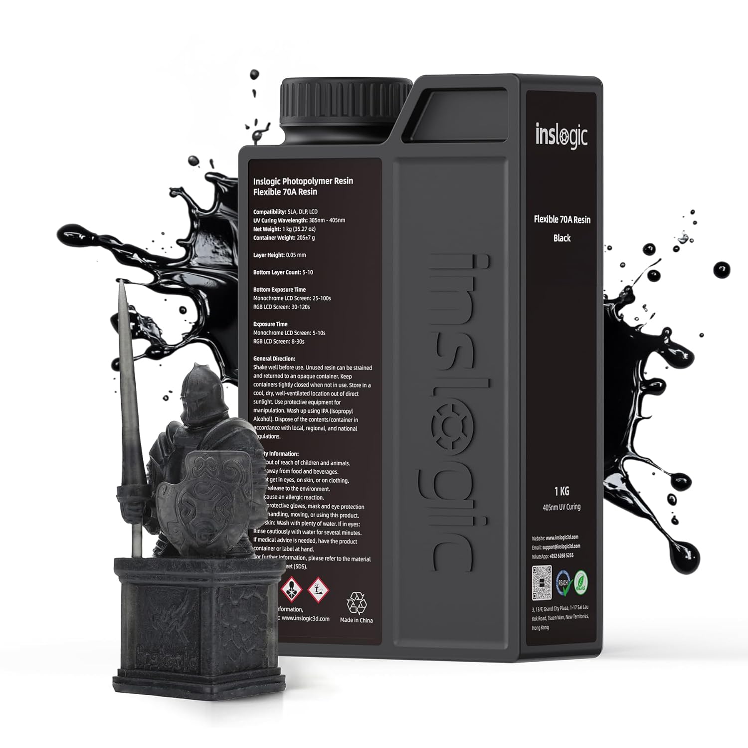 Inslogic Flexible 70A Resin 3D Printer Resin, 1KG 3D Printing Resin for Printing Soft and Flexible Items, Bendable and Not Brittle, Fast Curing 405nm UV Photopolymer Resin, 1KG Black