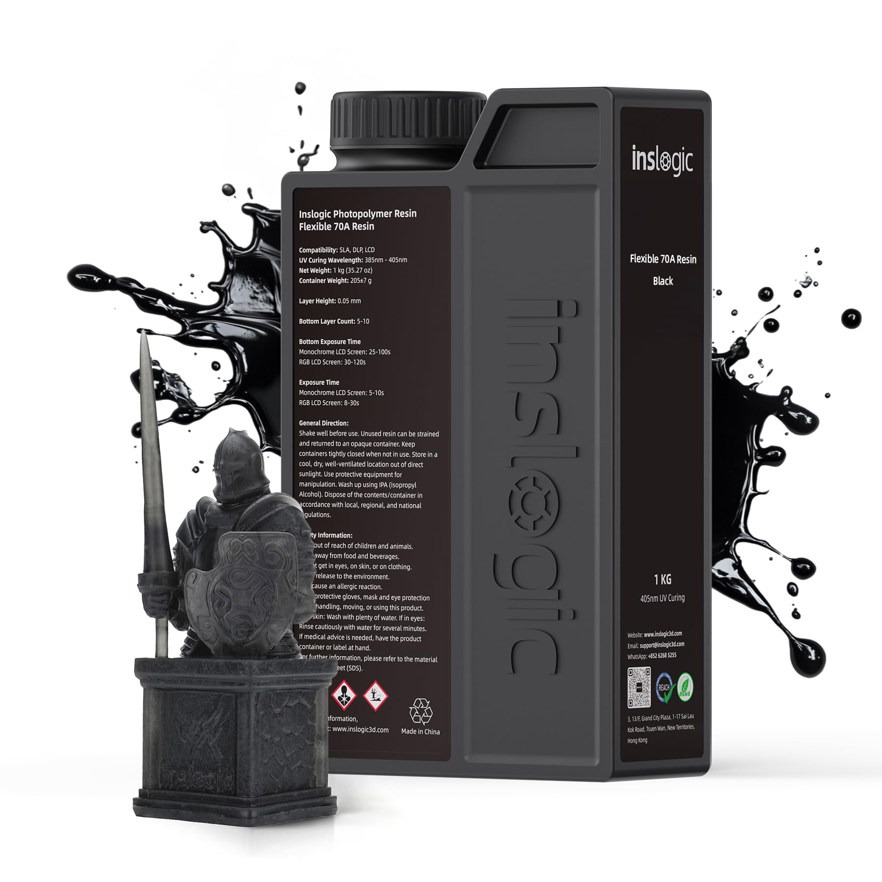 Inslogic Résine 3D flexible 70A Résine souple & non cassante pour objets flexibles, durcissement UV rapide 405 nm, 1kg Noir