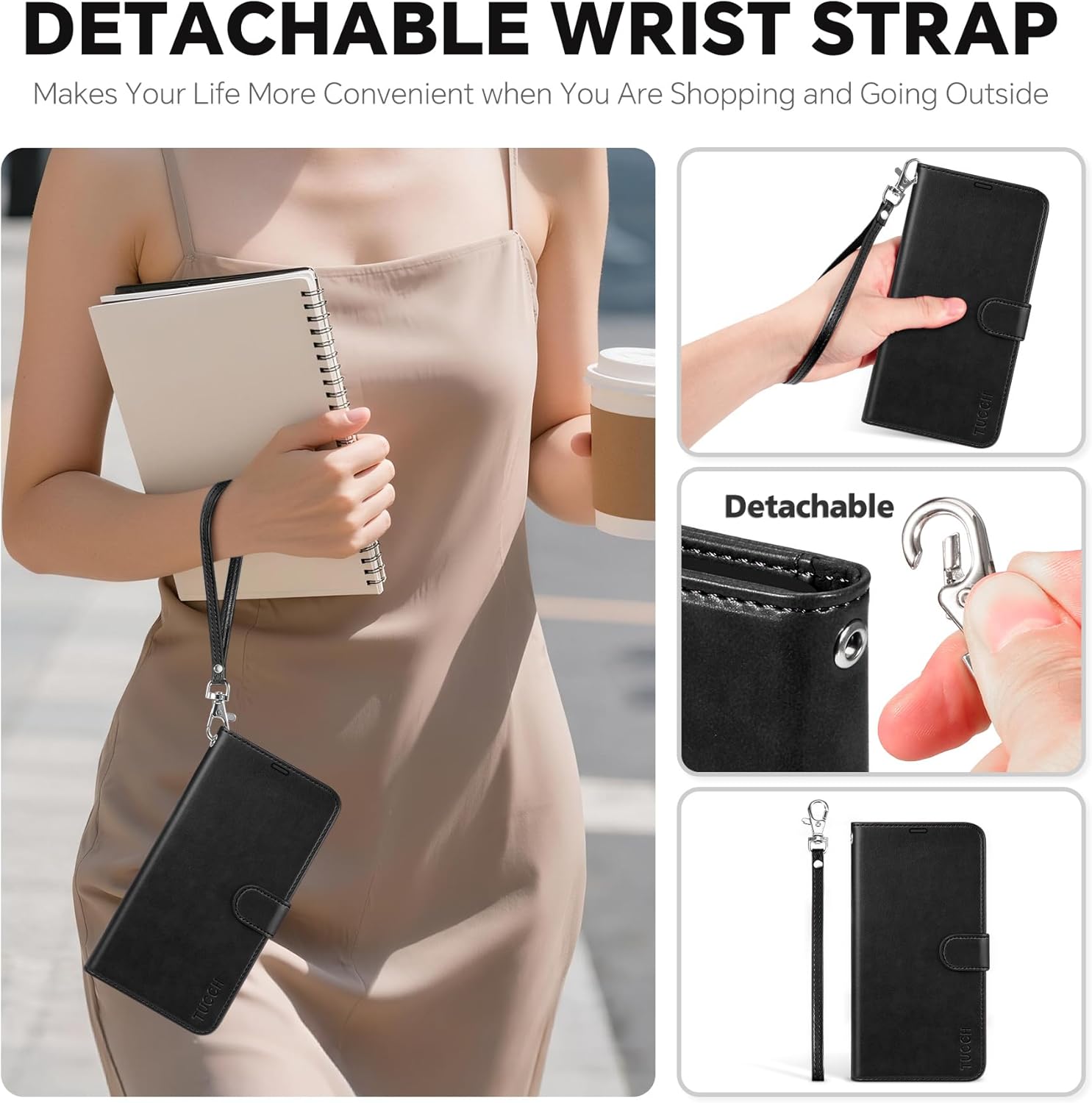 TUCCH Detachable Wallet Case for Galaxy S26+ Plus (6.7"), Wireless Charging RFID Blocking 4 Card Holders Wrist Strap, Kickstand Magnetic PU Leather Protective Flip Cover for Galaxy S26+ 2026, Black
