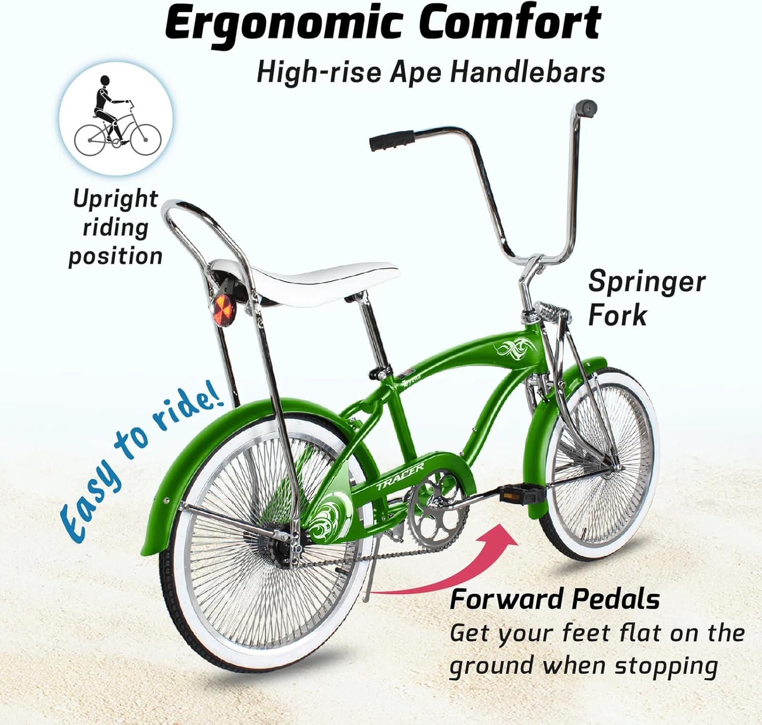 Tracer Retro Beach Cruiser for Adults,20 Inch Wheels,1.75 Tire, City Bike, Lowrider Springer Fork Retro Banana Seat,High Rise Handlebar - Multi Color