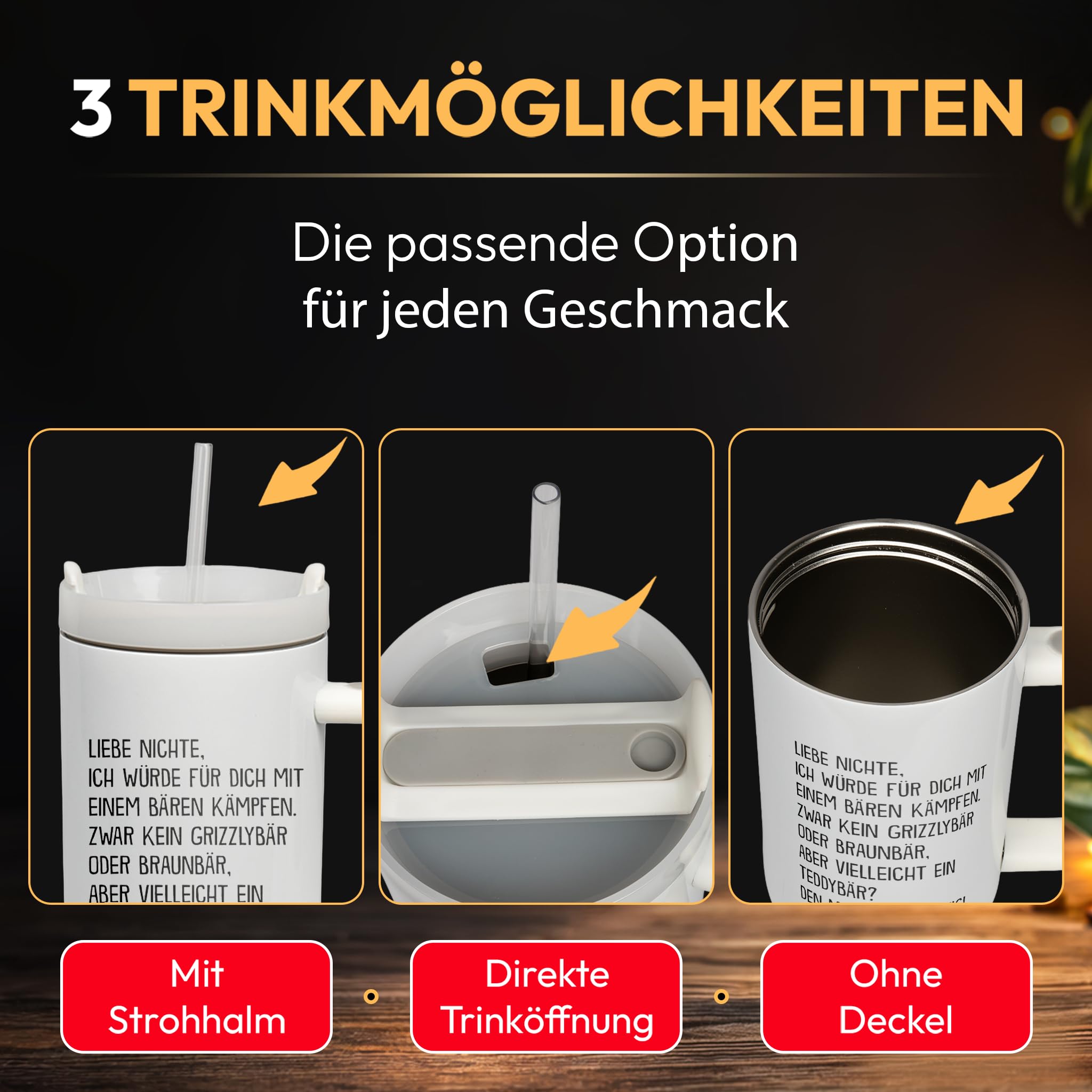XXL Thermobecher für Nichte – Geschenk zum Geburtstag & Weihnachten – Edelstahl Trinkflasche, Weiß mit lustigem Bären Spruch (WIEDERVERWENDBAR)