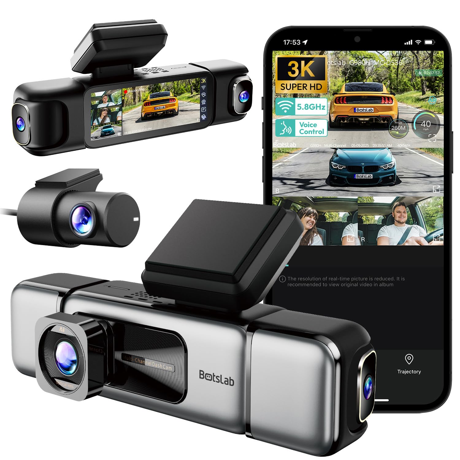 BOTSLAB Dashcam de 4 canales para coche, parte delantera y trasera, 4 canales 3 K + 3 x 1080P, cámara de coche, GPS 5 GHz, WiFi, visión nocturna, WDR, pantalla IPS de 3,18 pulgadas, sensor G