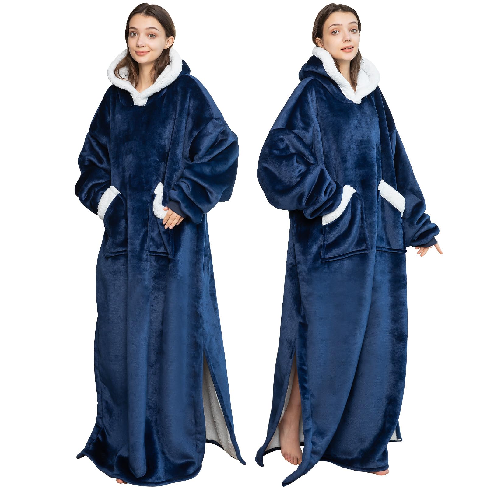 Emwwat Coperta extra lunga con cappuccio, oversize Sherpa con cappuccio per donne e uomini, coperta indossabile con maniche e tasca gigante