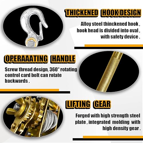 Miniatura 5 de FITHOIST Come Along - Extractor de cabrestante de cable de 2 toneladas, extractor de mano resistente de 4400 libras con 2 ganchos, extractor de