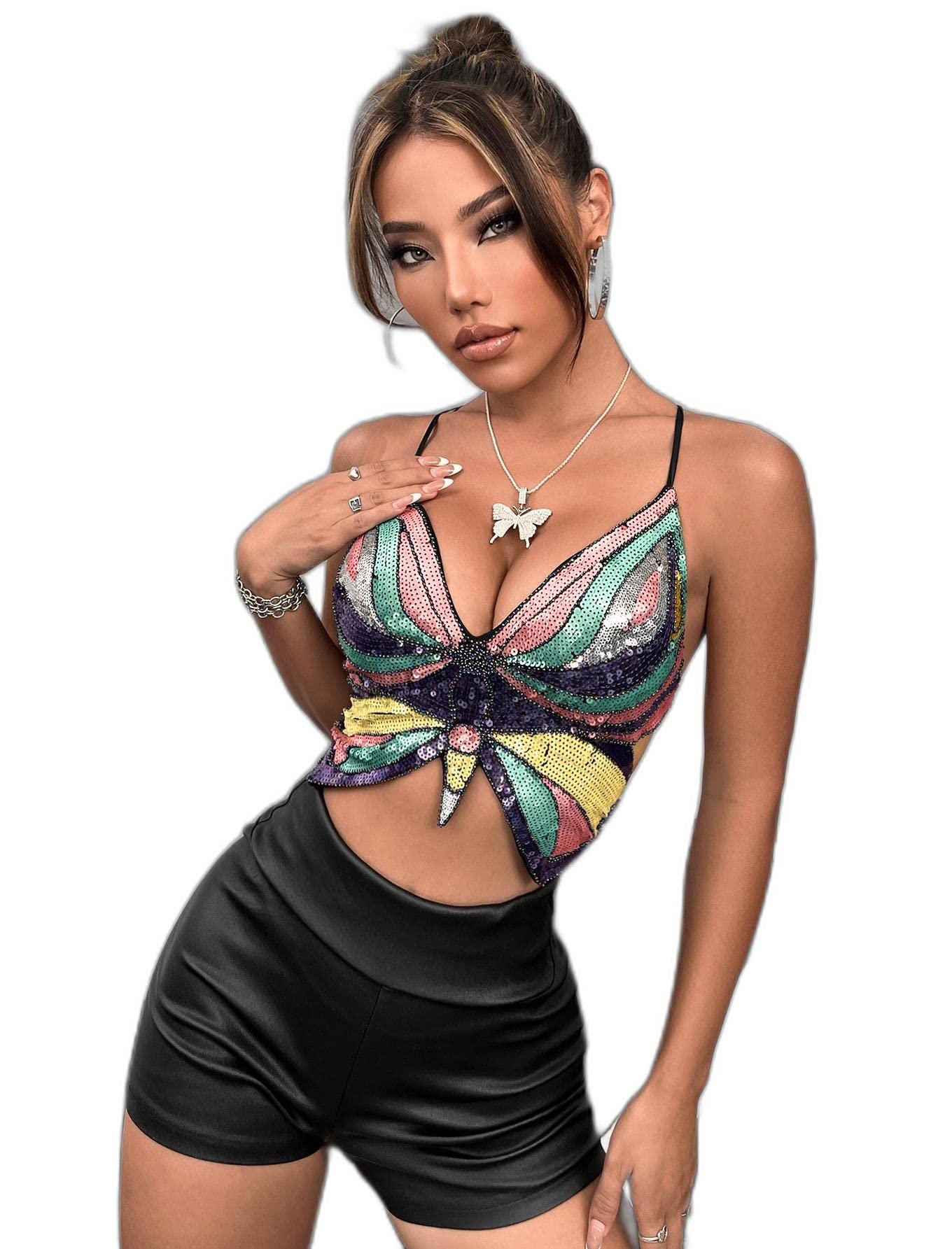 Apperloth A Lace Up Backless Sequins Crop Cami Top, M1686672, Multicolor, M