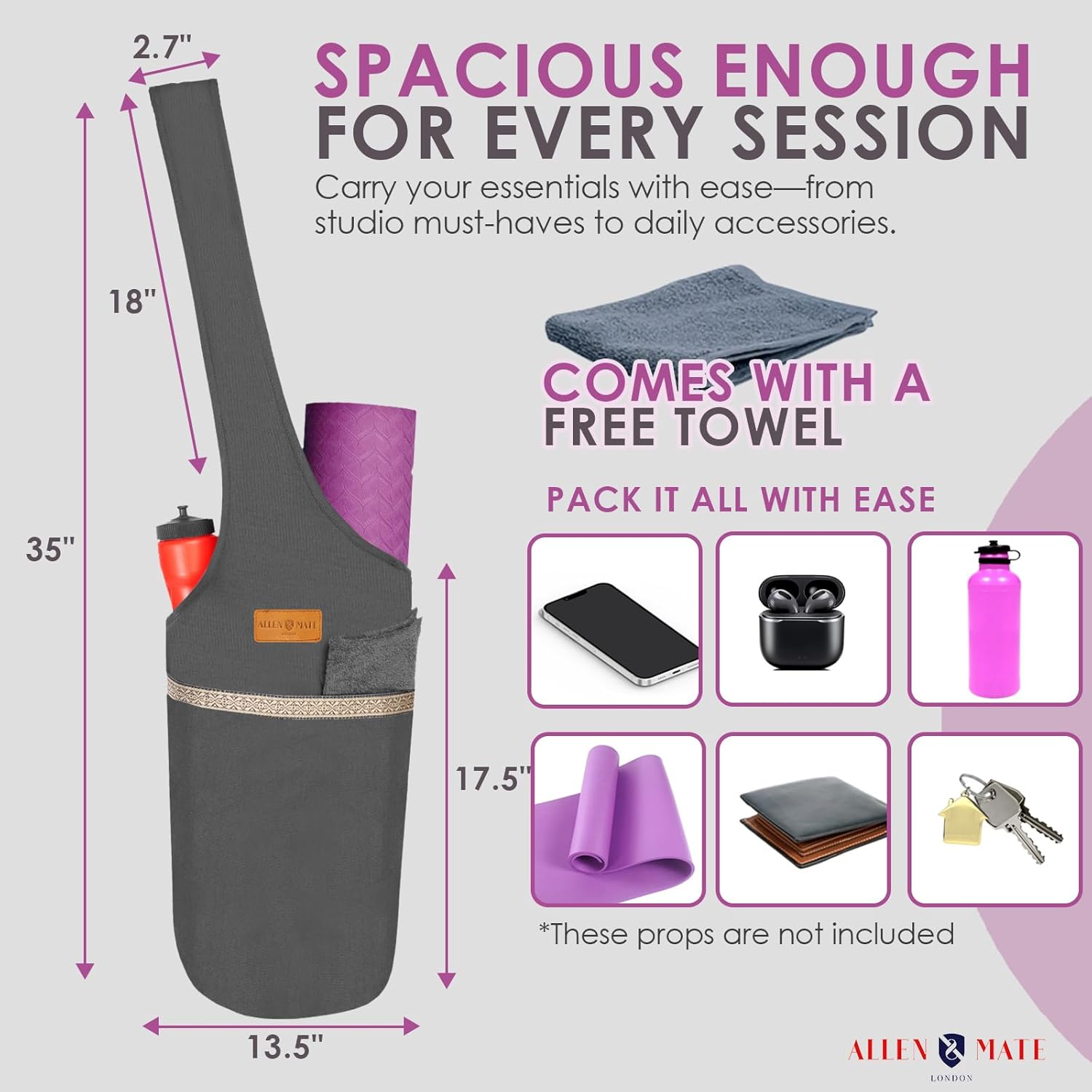 ALLEN & MATE 100% Cotton Unisex Yoga Mat Bag – Versatile Carrier with Mat Straps, Large Storage Pockets Fits Yoga & Pilates Mats - Image 4