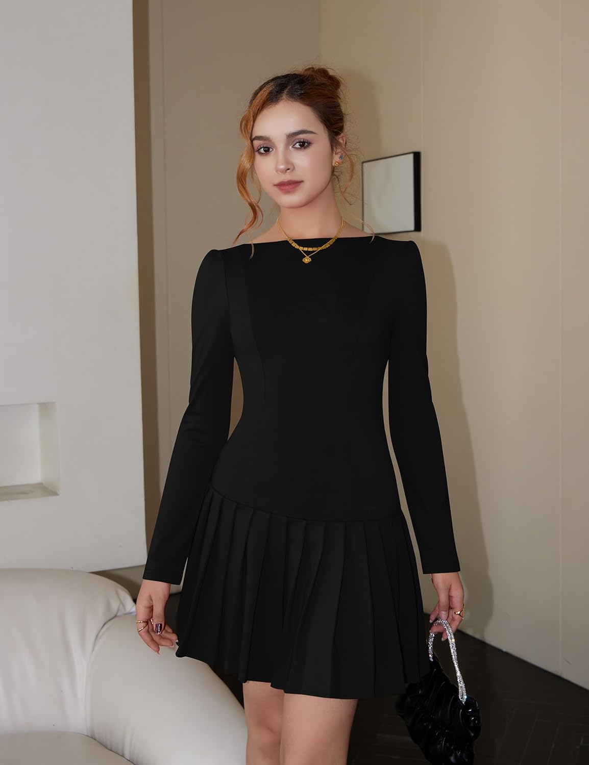 Women's Long Sleeve Mini Dress Sexy Boat Neck Pleated A-line Party Dresses - Image 4