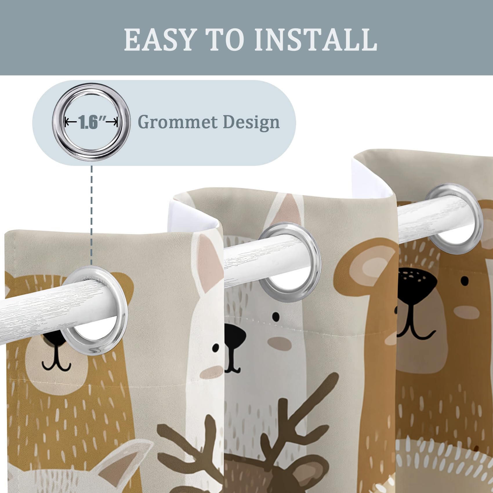 Generisch Cartoon Süße Tiere Vorhänge Blickdicht Gardinen mit Ösen, Kinder Waldtier Deko Muster Wohnzimmer Schlafzimmer Fenster Verdunklungsvorhänge, H 160 x B 140 cm 2er Set (1a5-111)