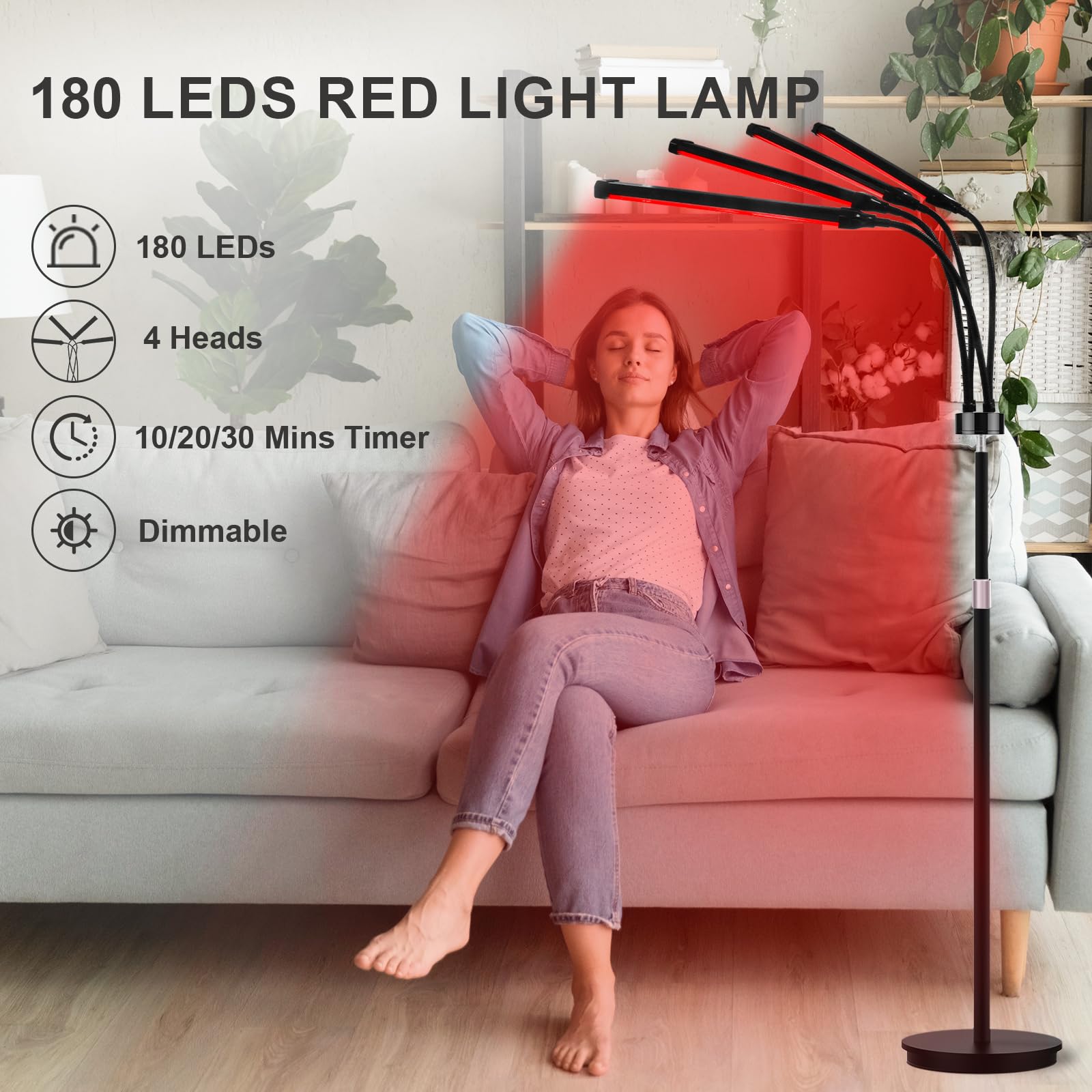 Lampada a luce rossa, 660 & 850 & 940, 180 LED Red Lighs con timer da 10/20/30 minuti e 5 livelli di luminosità regolabili per l'uso in casa e in ufficio