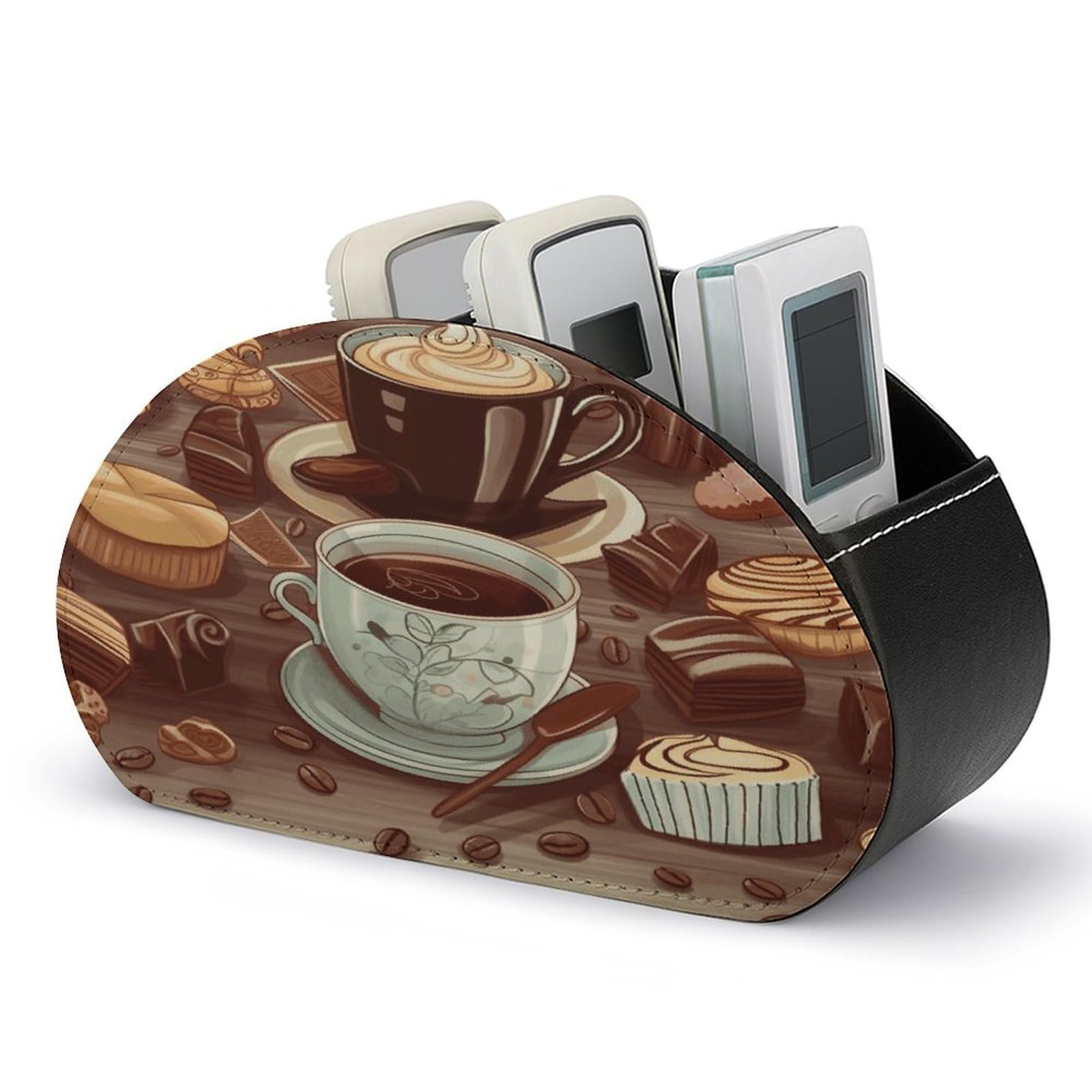 FodPand Coffee And Sweets Sugar Chocolate Remote Control Holders PU Leather Remote Caddy Desktop Organizer with 5 Compartments TV Remote Holder Box Tray for Bedside Table Office Desk Accessories&Gift