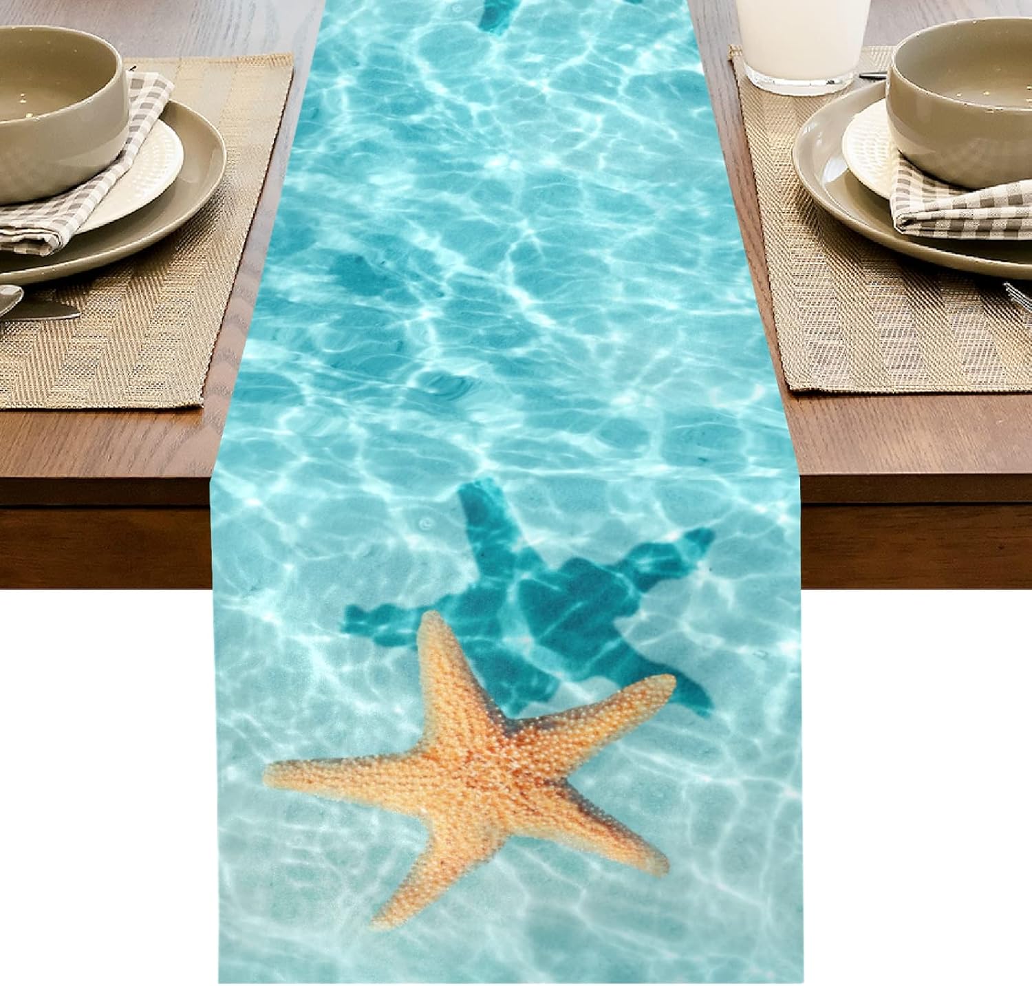 Summer Table Runner Watercolor Starfish Ocean Tablecloth Kitchen Dining Table Linen Rustic Dresser Scarf for Indoor Outdoor Home Decor Wedding Holidays Party 14x108in