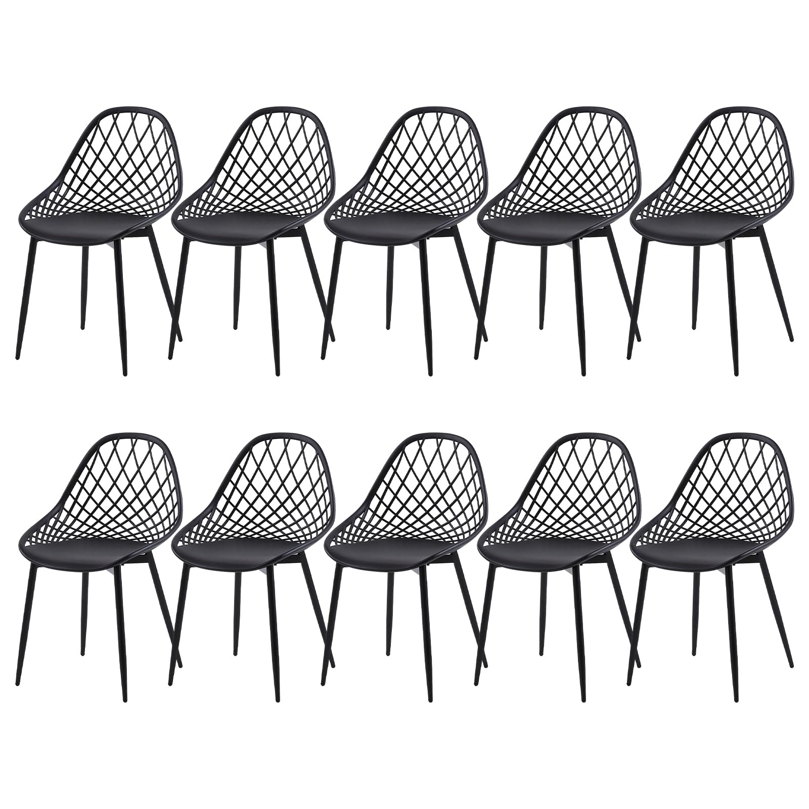 buybyroom Garden Chairs Set of 10, Balcony Chair, Lounge Furniture Outdoor, PP Seat, Metal Legs, Height-Adjustable Floor Gliders, Load Capacity 120 kg, Black