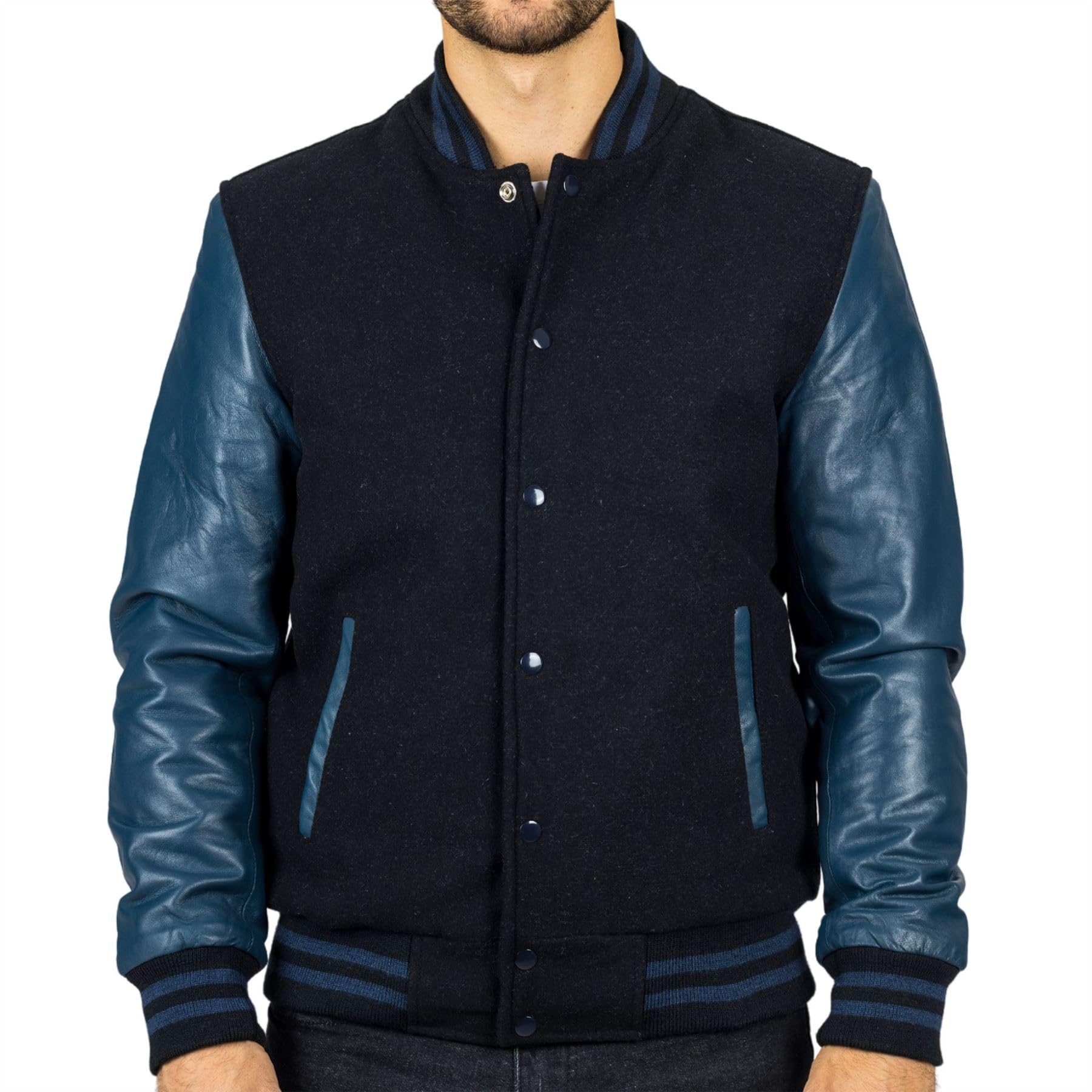 TruClothing - Men's - Varsity Bomber Jacket - Wool - Real Leather - Navy - 4XL