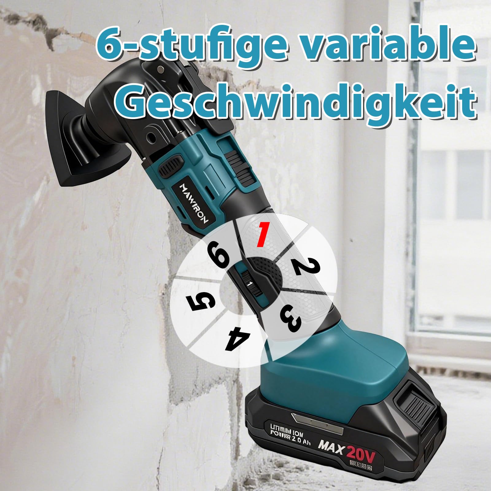 Utensile multifunzione, oscillante da 20 V, regolazione della velocità a 6 livelli, sistema di cambio rapido, 2 batterie da 2,0 Ah, impugnatura ausiliaria su entrambi i lati per edilizia