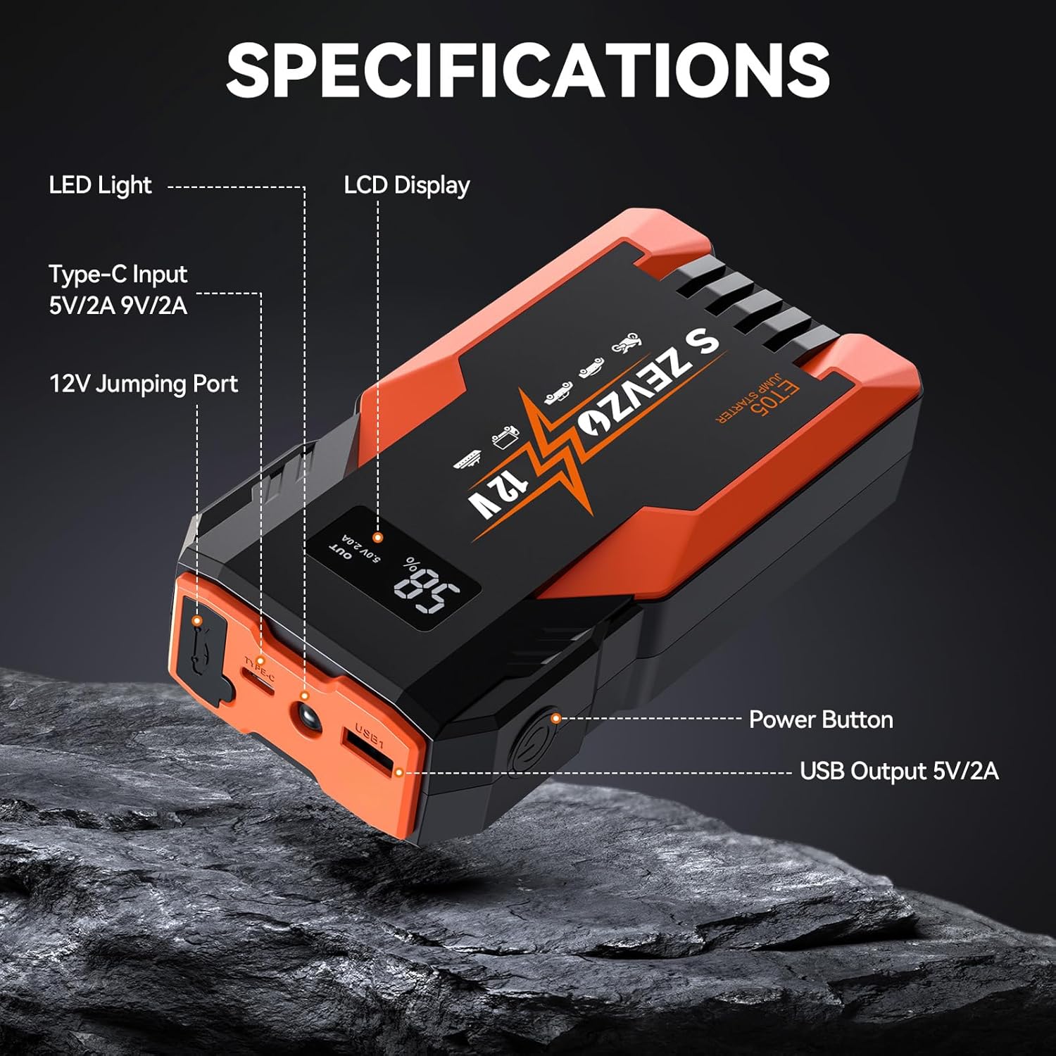 S ZEVZO ET05 Jump Starter 3000A Portable Car Jump Starter Battery Pack (7.2L Gas/ 5.5L Diesel), 51.8Wh 12V Jump Box with USB Ports, LCD Display and 3 Modes Flashlight - Image 6