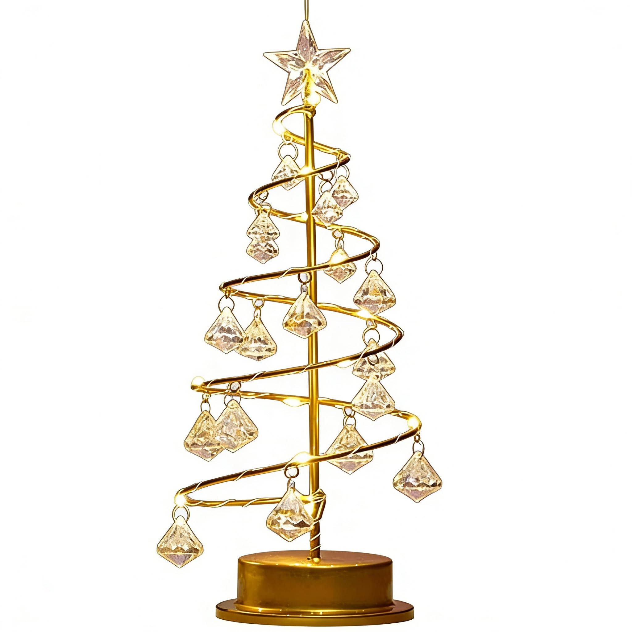XVICO LED Christmas Tree Lamp - Gold Spiral Crystal Tabletop Tree with Star Topper, Warm White Fairy Lights for Home Xmas Decor, Desk Ornament & Gift Battery Operated