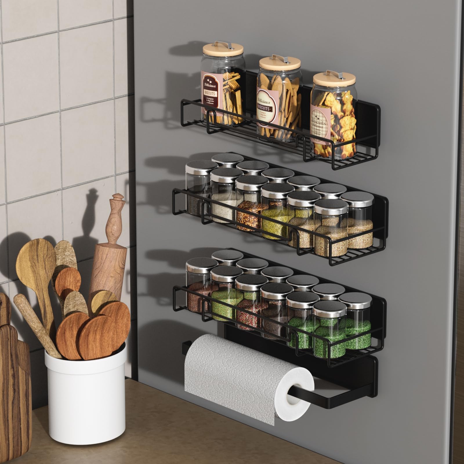Corbeille à Fruits Magnétique 2 En 1 Sans Perçage - Étagère à épices Incluse - Rangement Suspendu Pour Cuisine - 3