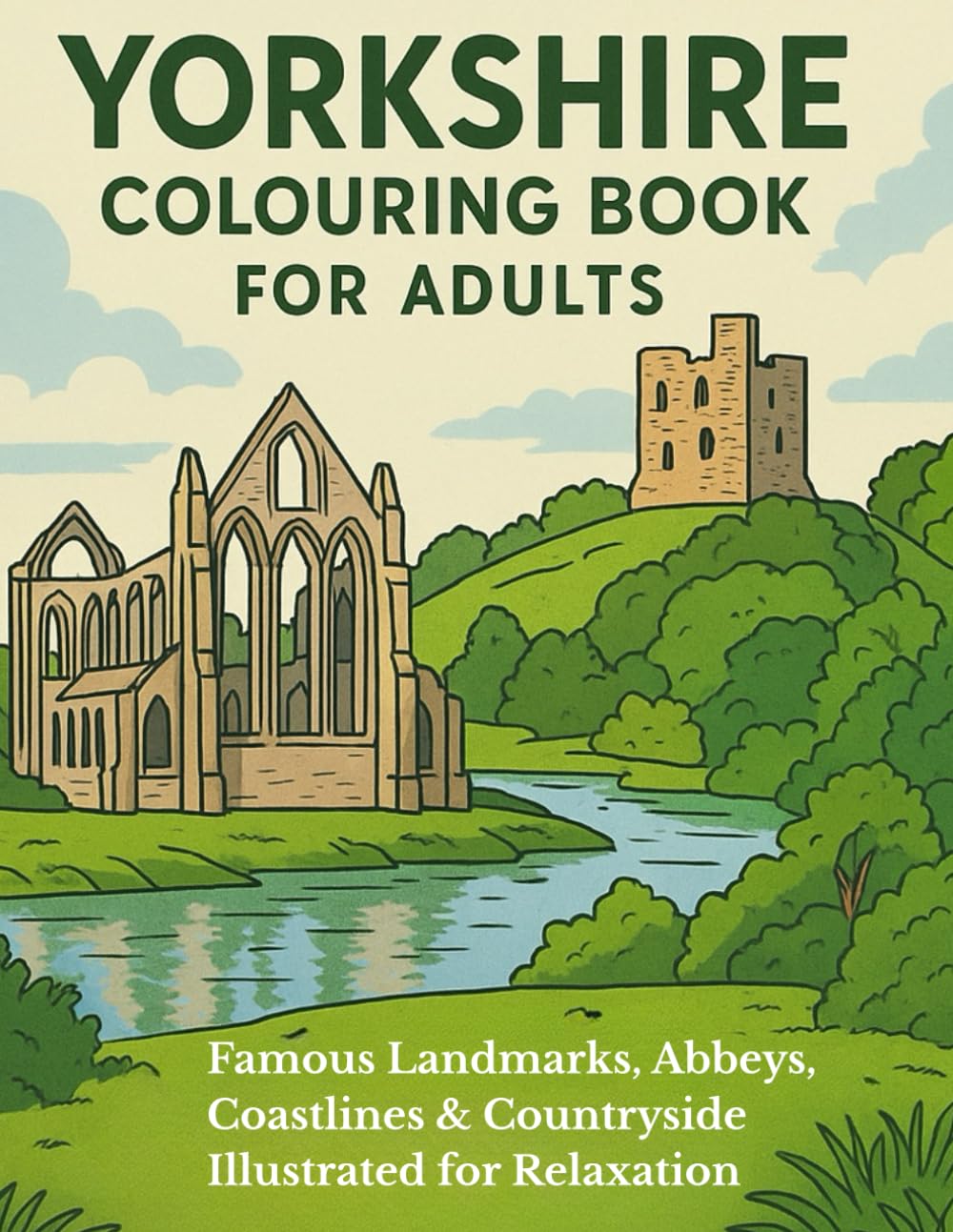 YORKSHIRE COLOURING BOOK FOR ADULTS. Famous Landmarks, Abbeys, Coastlines & Countryside Illustrated for Relaxation.