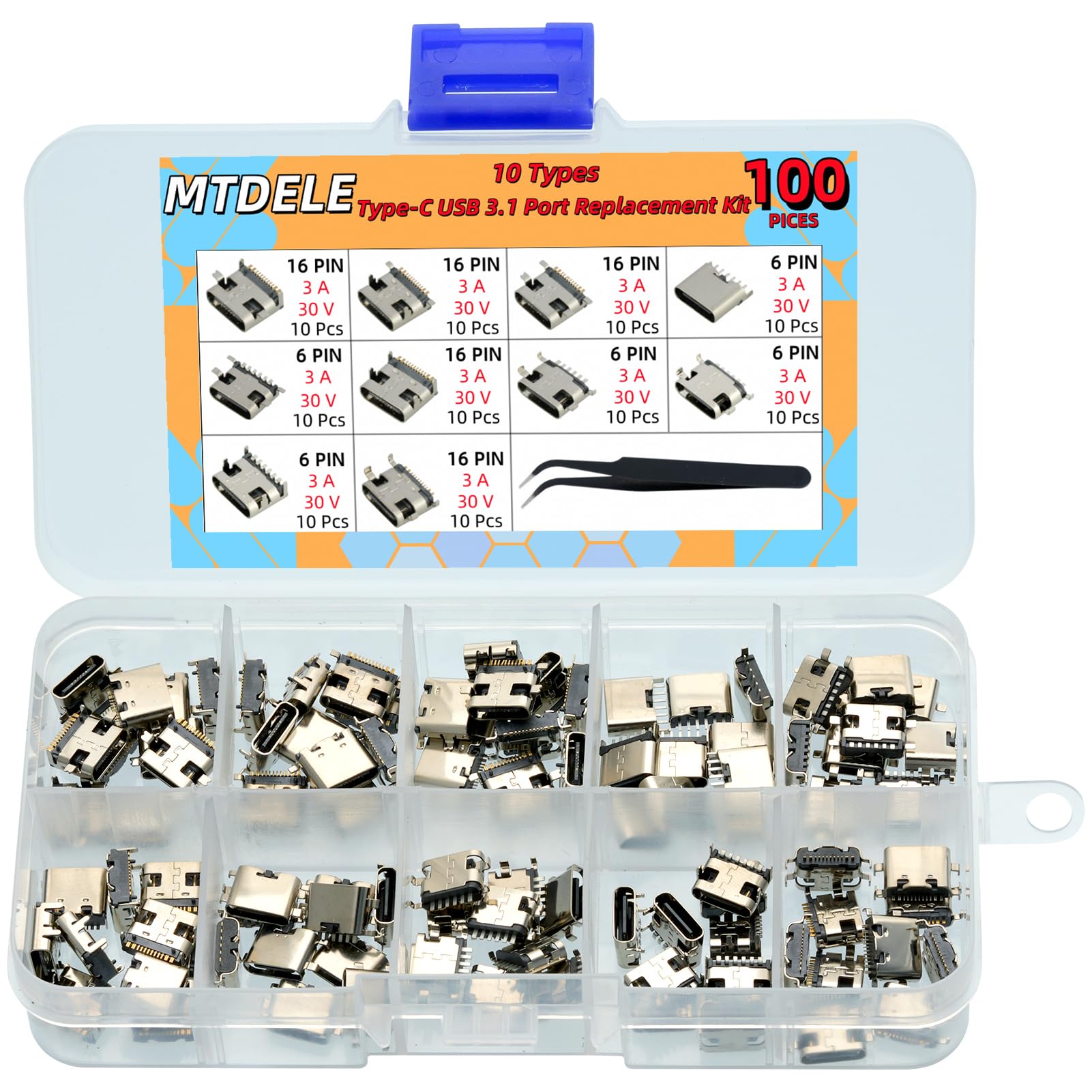 100 conectores de base de carga USB 3.1 de 10 tipos tipo C de 6 pines y 16 pines para kit de reparación de puerto de producto electrónico