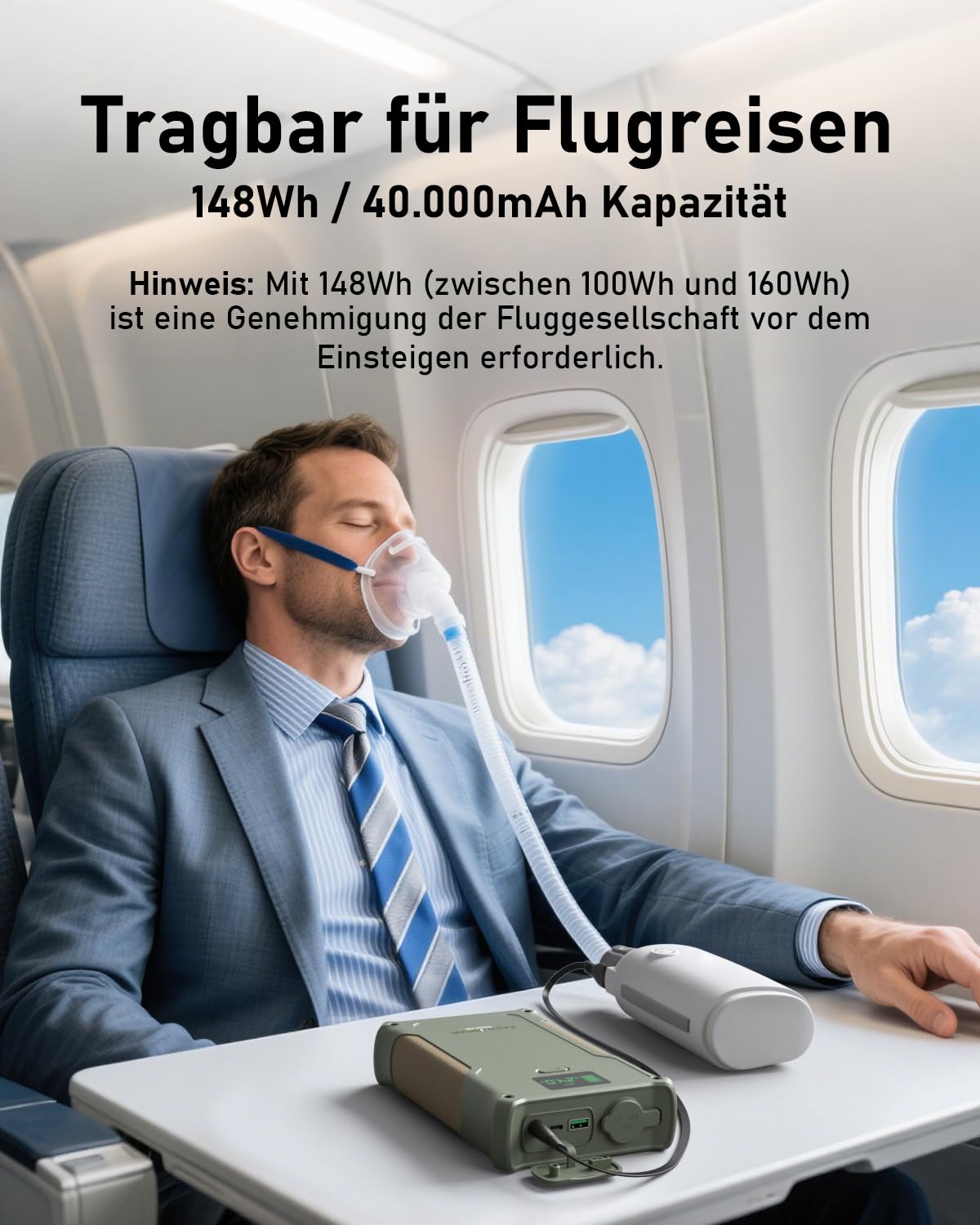 EASYLONGER ES400 AIR CPAP Akku 40000mAh/148Wh Akku für CPAP Gerät 12V 24V CPAP Akkupack CPAP Powerbank CPAP Batterie für ResMed AirSense 10/ AirSense11/ S9/ Aircurve 10/ AirMini/Philips DreamStation