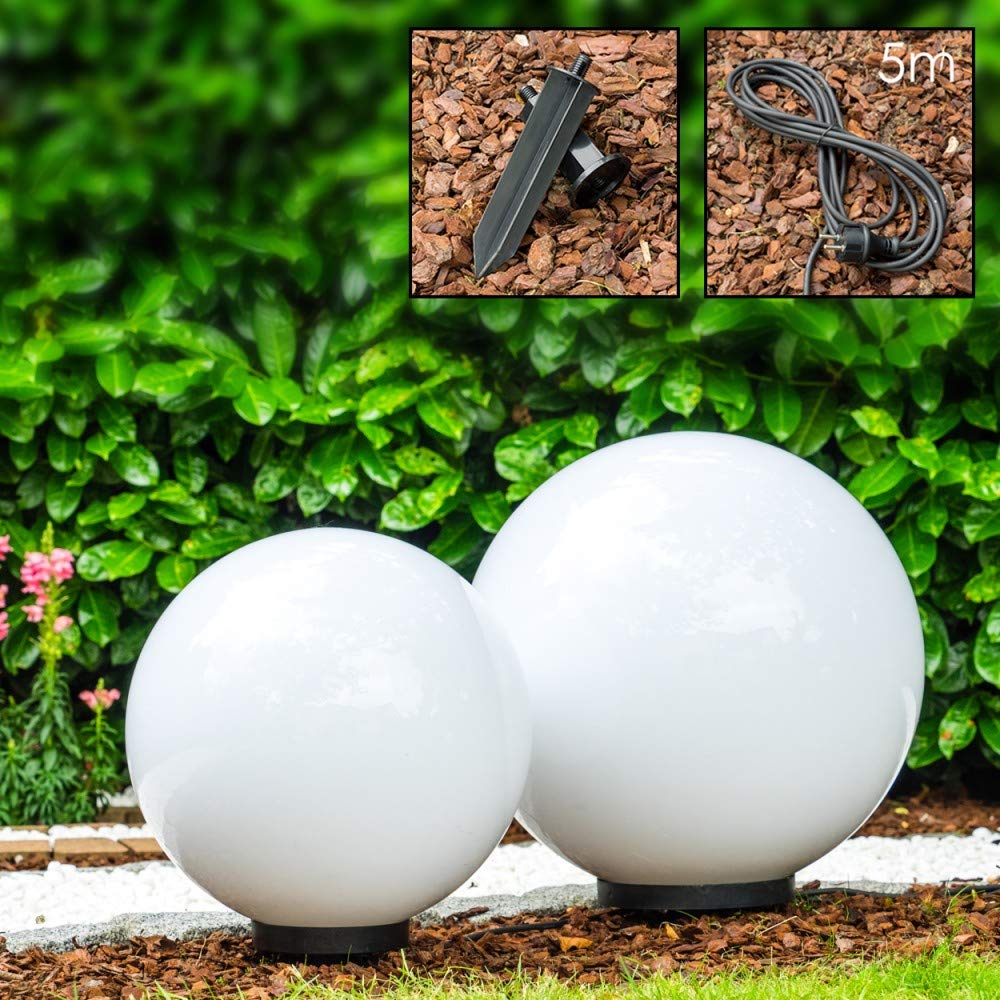 Lampada a sfera Miau, set di 2 lampade a sfera, lampade da esterno in plastica bianca Ø 40 e 50 cm, sfere luminose con attacco E27, lampade a sfera con cavo da 5 metri, senza lampadina/e