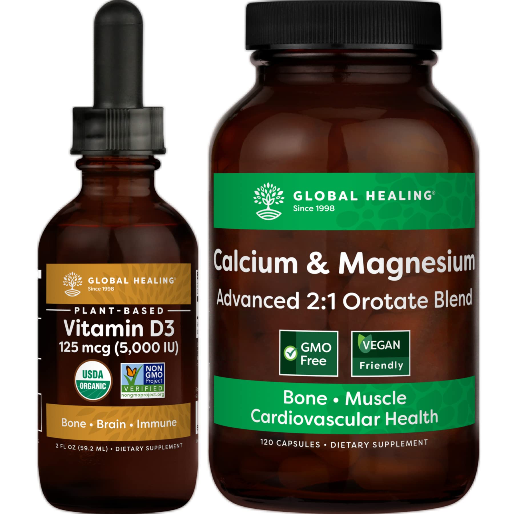 Global Healing Calcium and Magnesium & Vitamin D3 Kit - Organic Liquid Supplement Drops for Healthy 