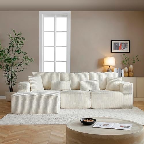 110" Cloud Sectional Couch, Modular Sectional Sofa with Deep Seat, Corduroy Upholstered Boneless Couch for Living Room Bedroom, Left Facing Chaise (Beige, 110" Left Facing Chaise)